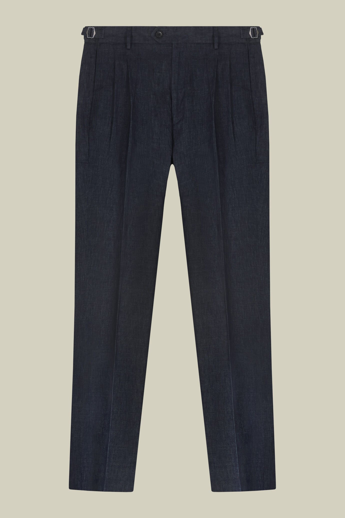 Men's trousers in chambray fabric with double pleats and side buckles