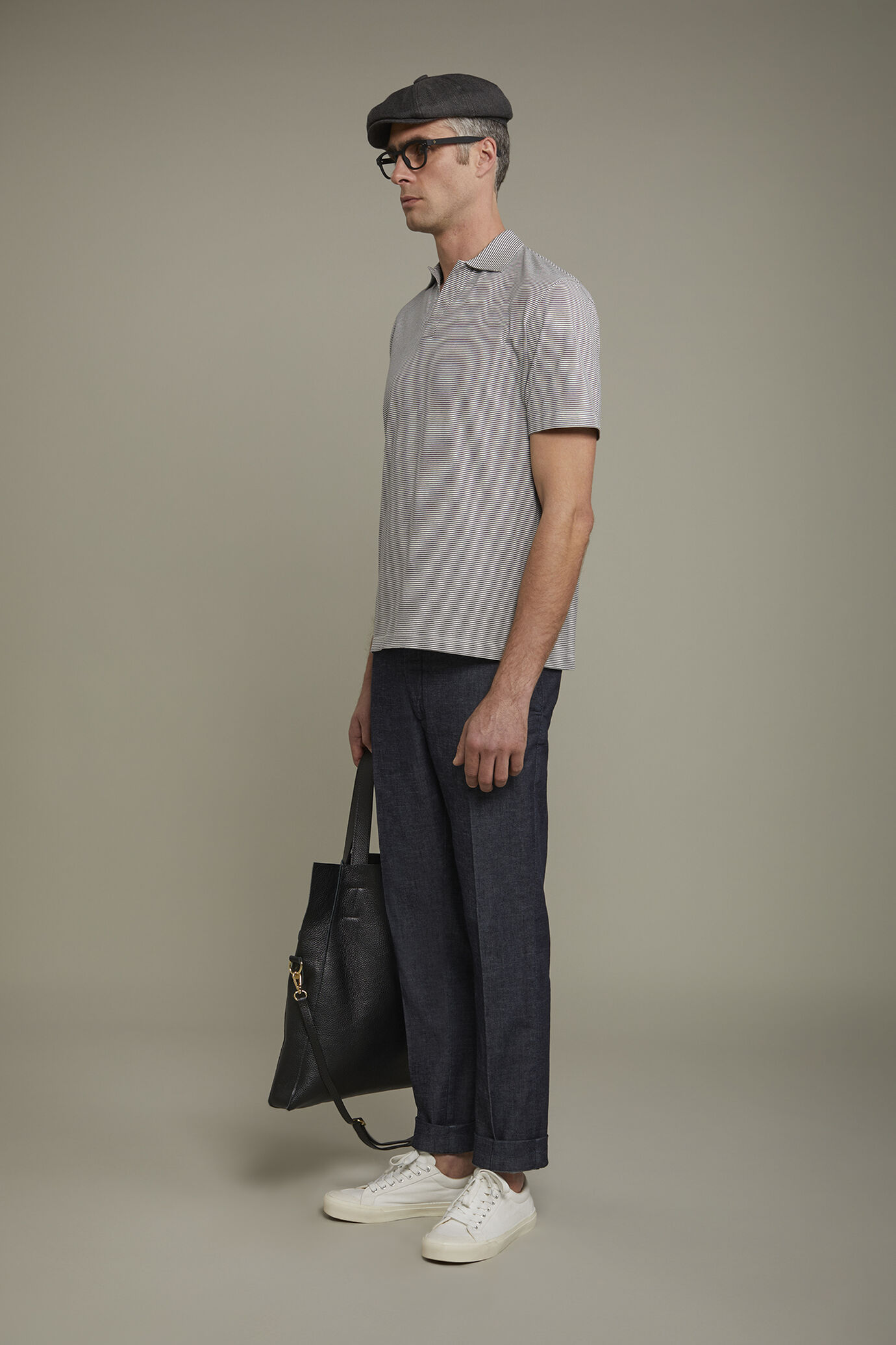 Polo homme &agrave; manches courtes et col derby sans boutons, tissu 100&nbsp;% coton &agrave; fines rayures coupe r&eacute;guli&egrave;re image number 1