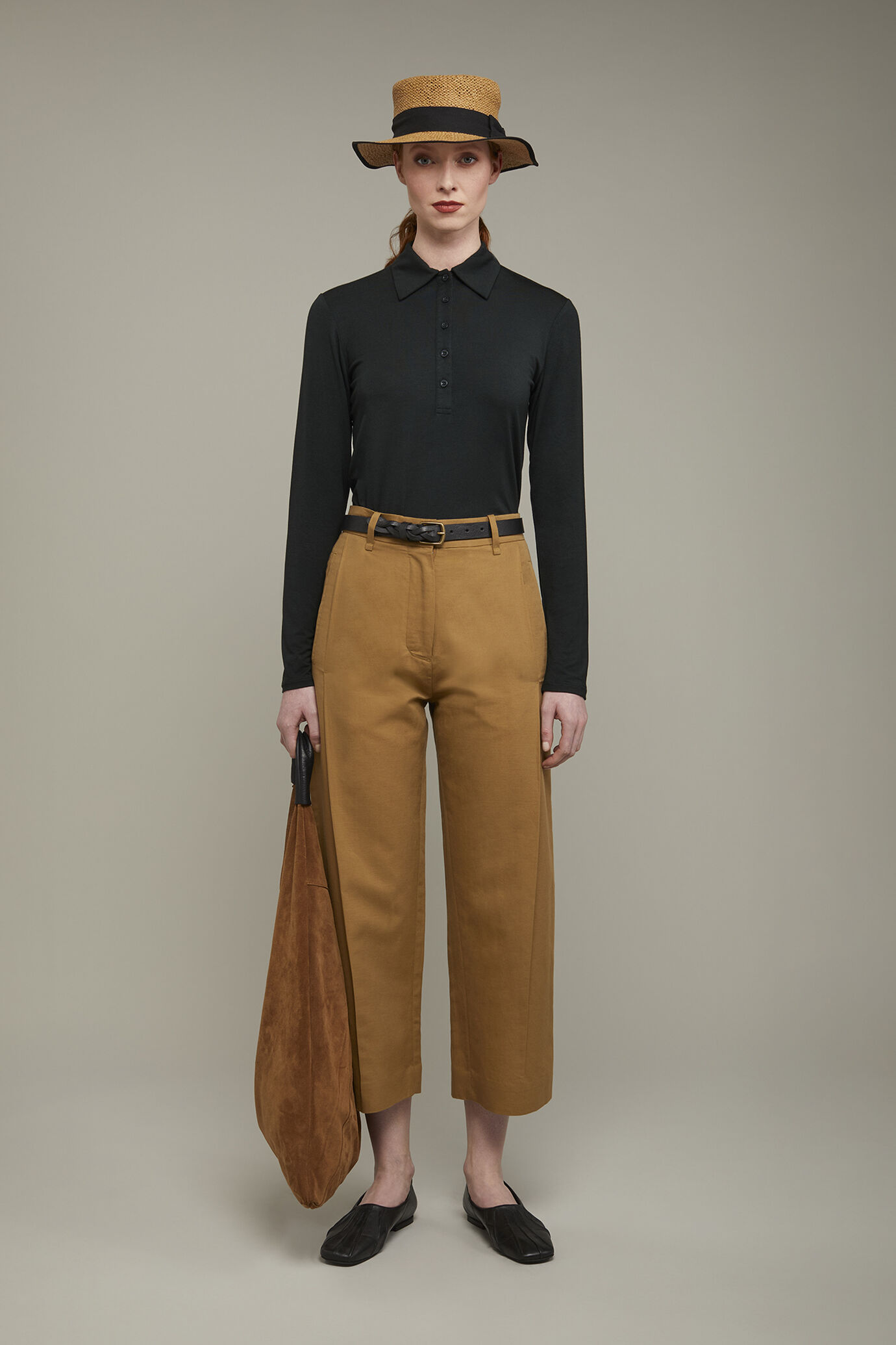 Langärmeliges Damen-Poloshirt aus einfarbigem Baumwolljersey image number 0
