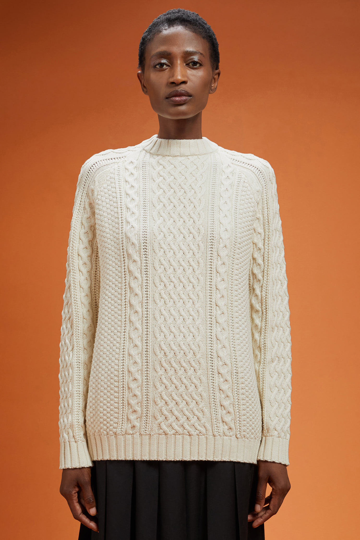 Maglia donna girocollo 100% cotone lavorazione a trecce fantasia norvegese