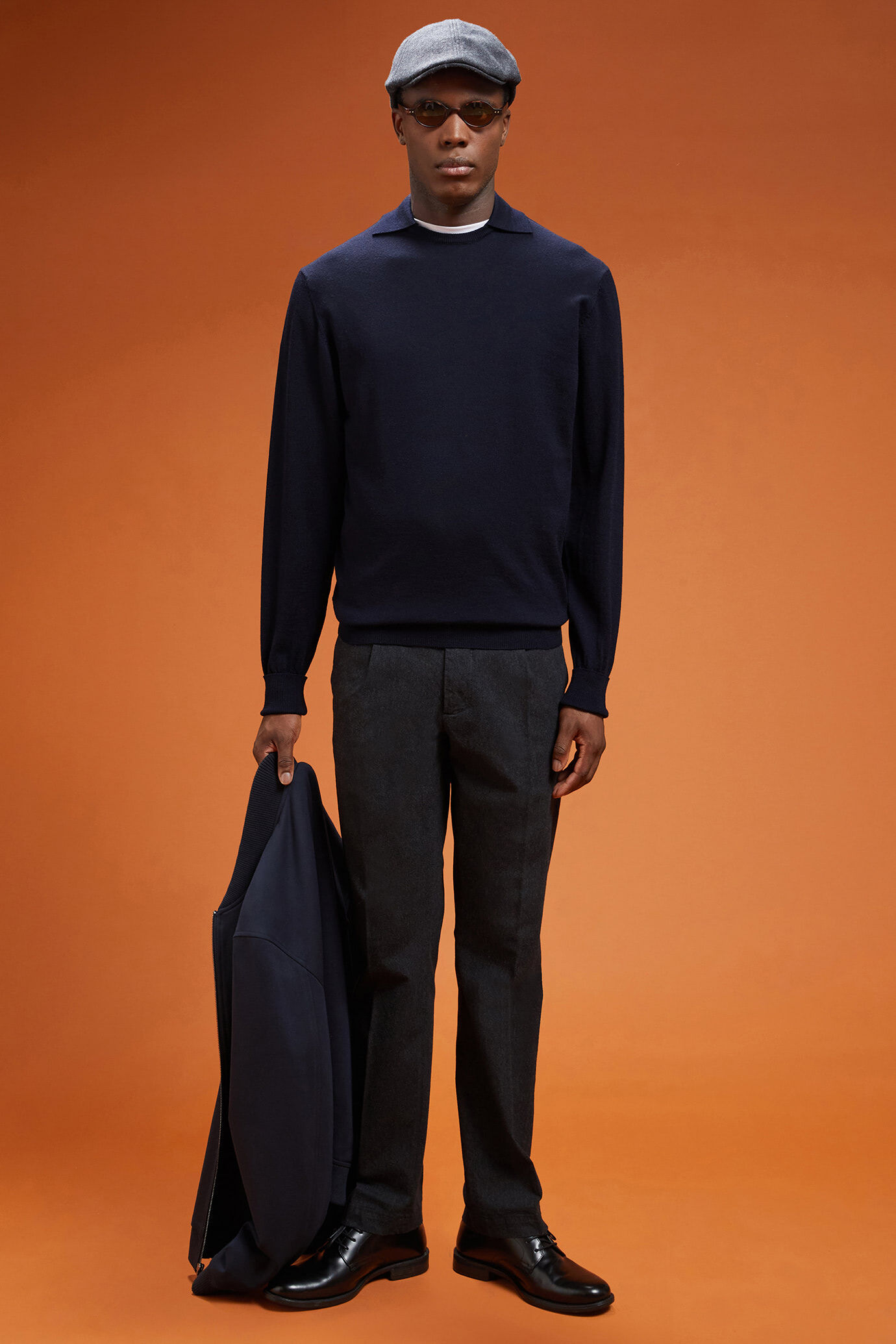 Pull homme à col rond polo, 100% laine mérinos extrafine, coupe classique image number 1