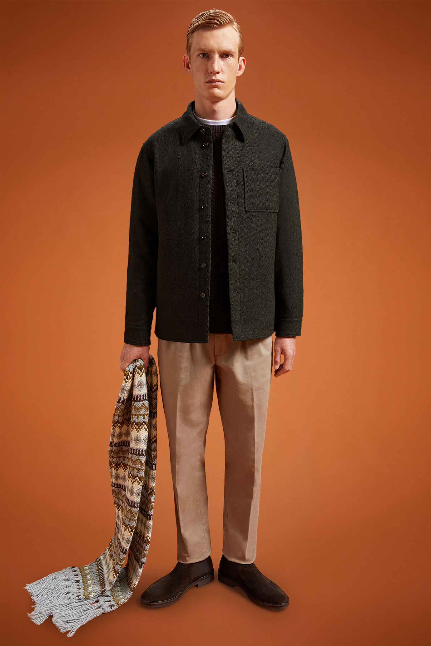 Men's regular fit overshirt in herringbone wool blend fabric