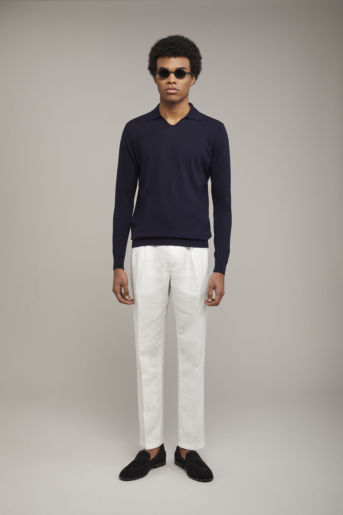 Polo homme en maille col en V 100 % coton à manches longues coupe régulière image number 0