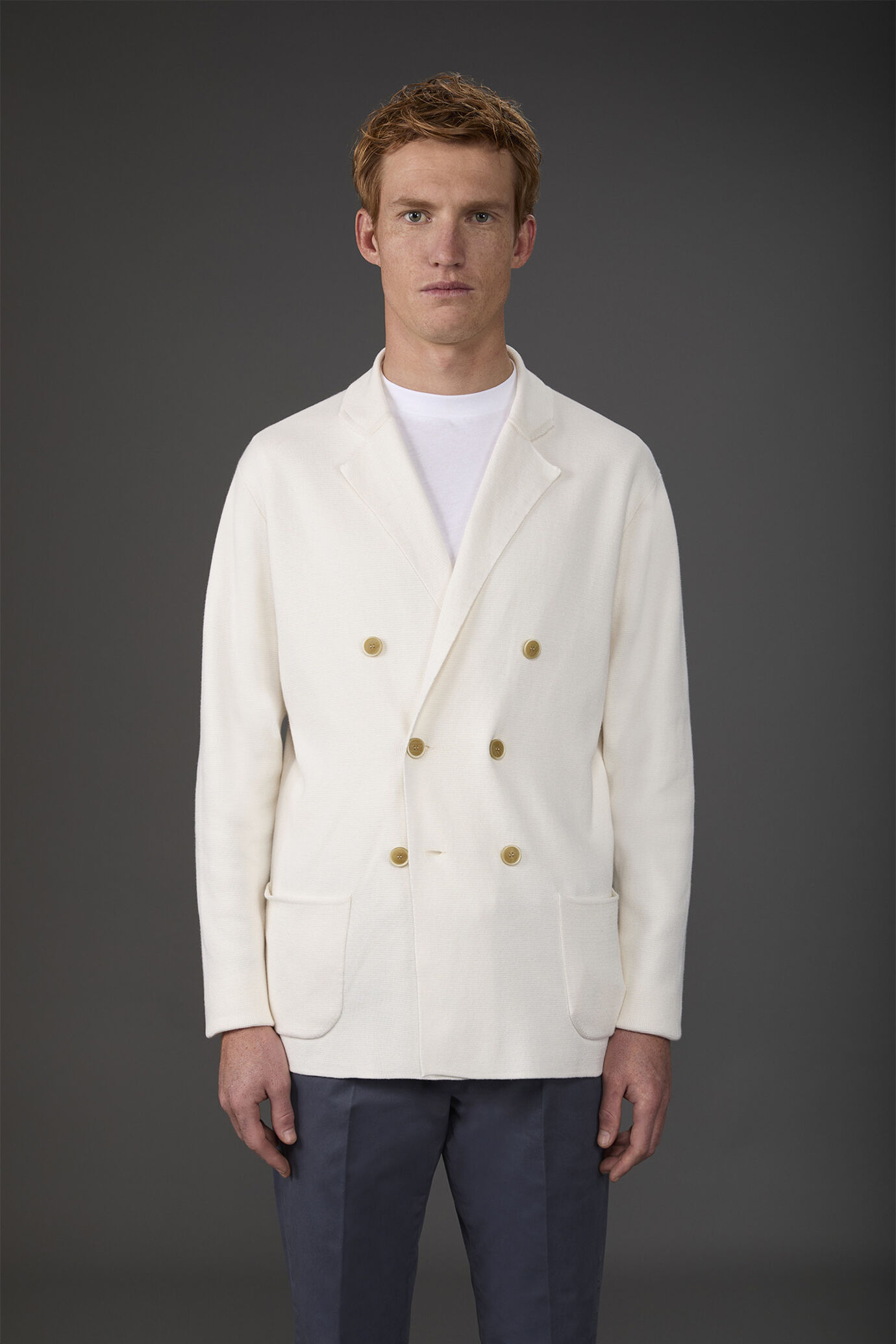 Men's double-breasted cardigan with patch pockets, 100% cotton milano rib knit