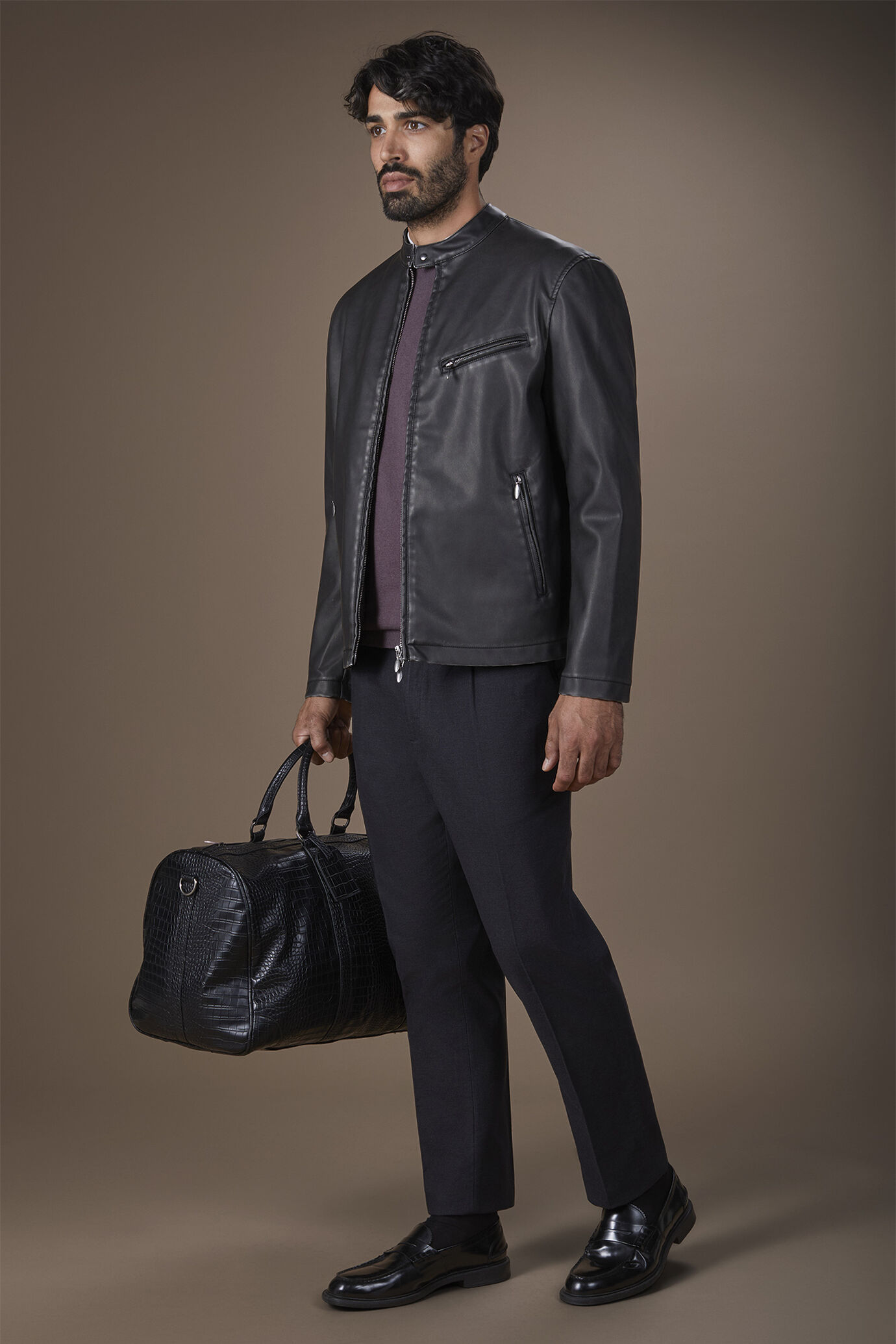 Biker uomo in simil pelle con collo alla coreana regular fit