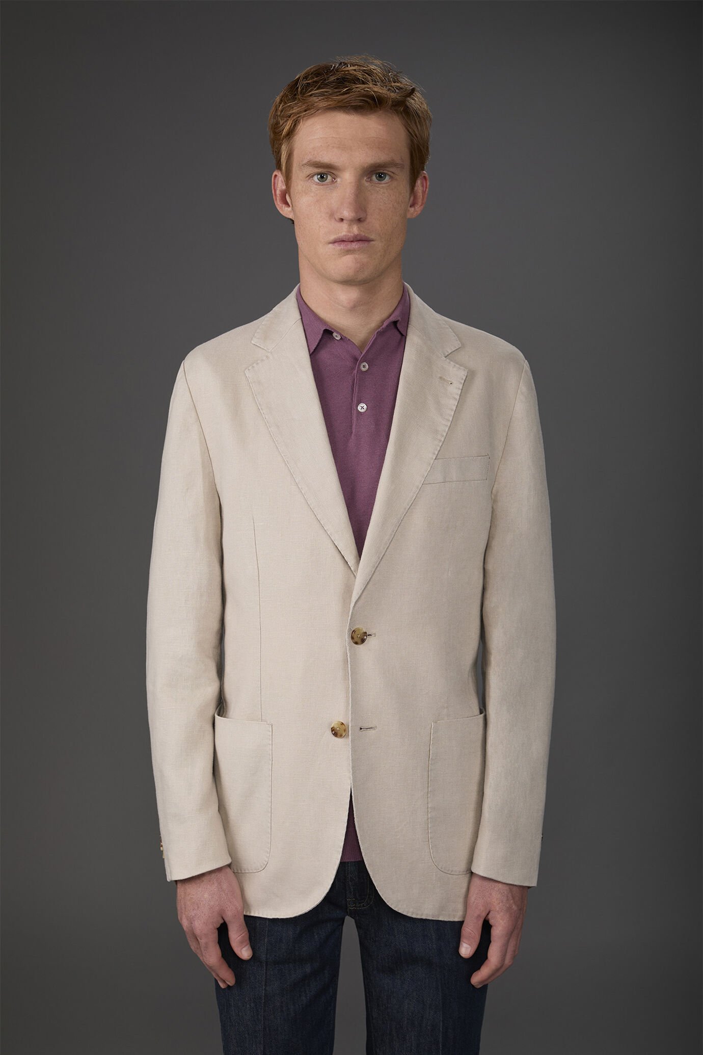 Veste homme à simple boutonnage, non doublée, avec revers classique et poches à rabat en 100% lin