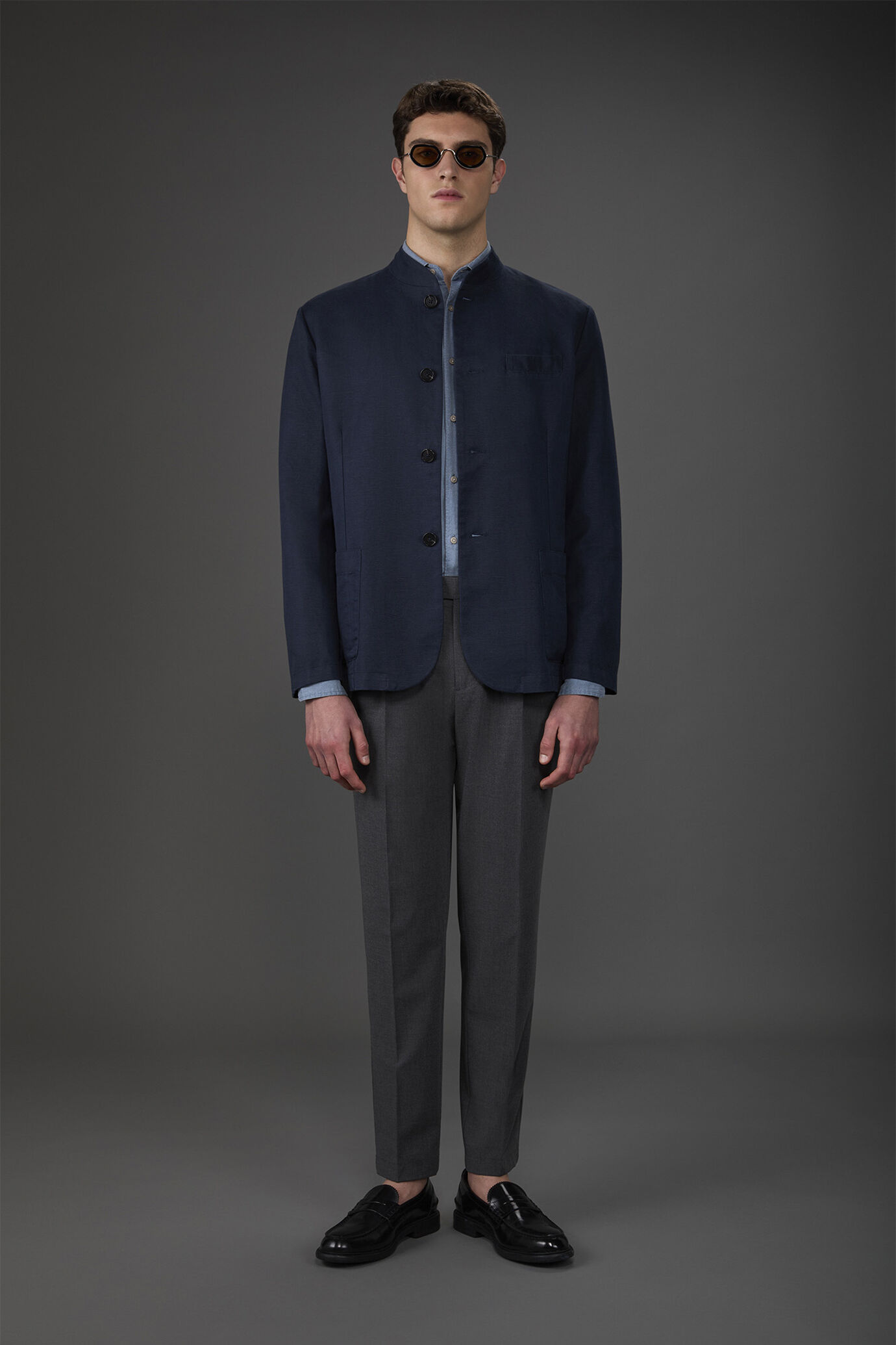 Veste homme à simple boutonnage non doublée, col Mao lin et coton mélangés