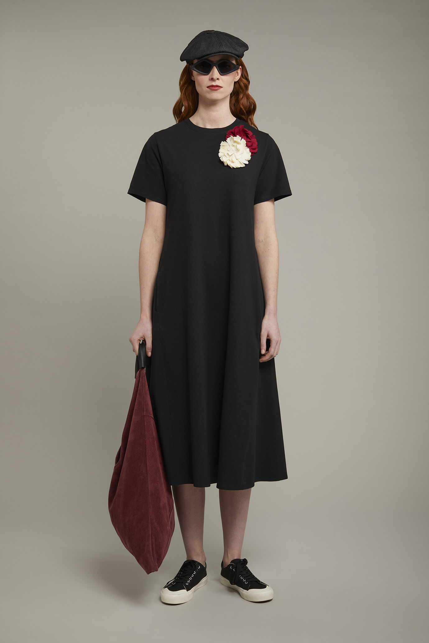 Abito midi donna girocollo con manica corta in jersey di cotone stretch regular fit image number 0