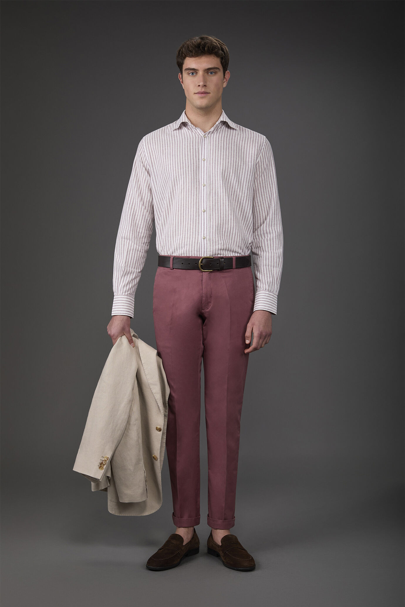 Camicia uomo casual collo francese tessuto in lino e cotone lavato rigato image number 2