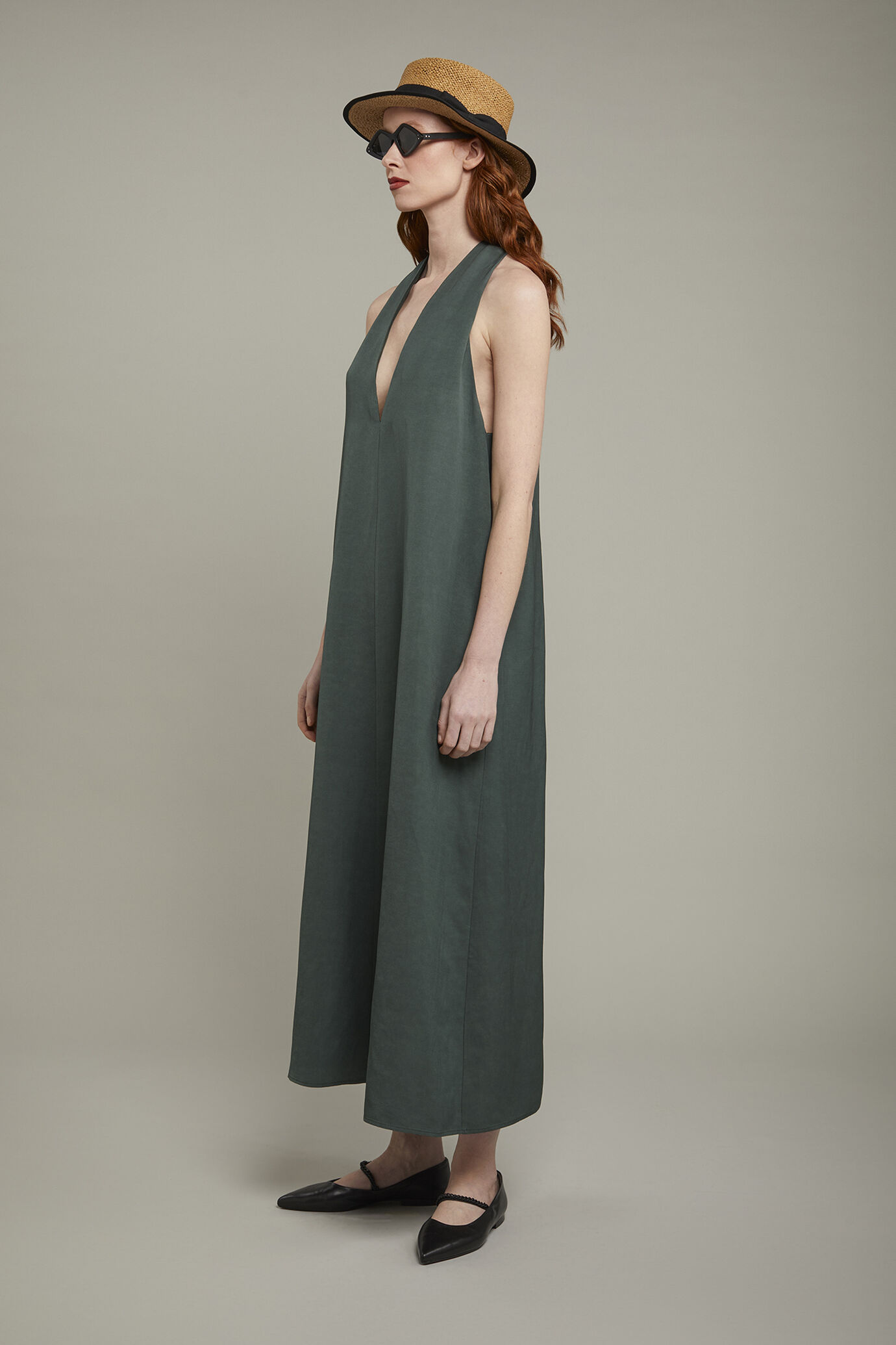 Abito midi donna con scollo a v misto lino image number 1