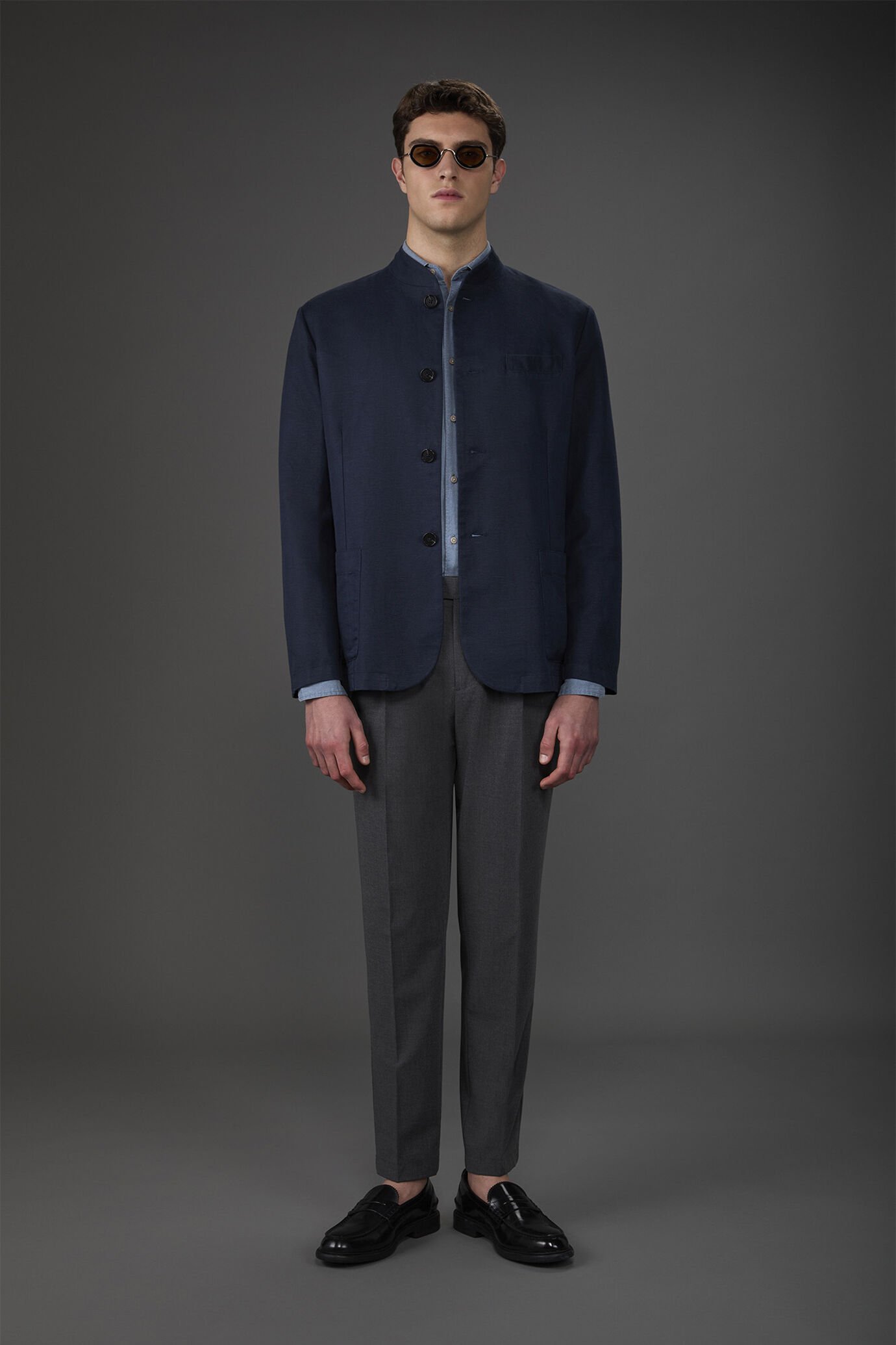 Men's unlined single-breasted jacket with mandarin collar linen and cotton blend