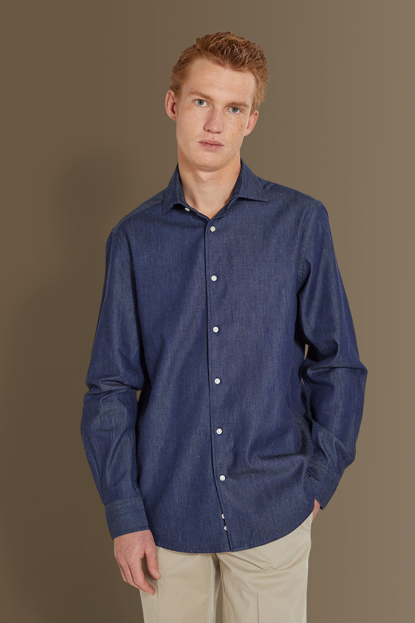 Camicia casual uomo collo francese tessuto jeans image number 0