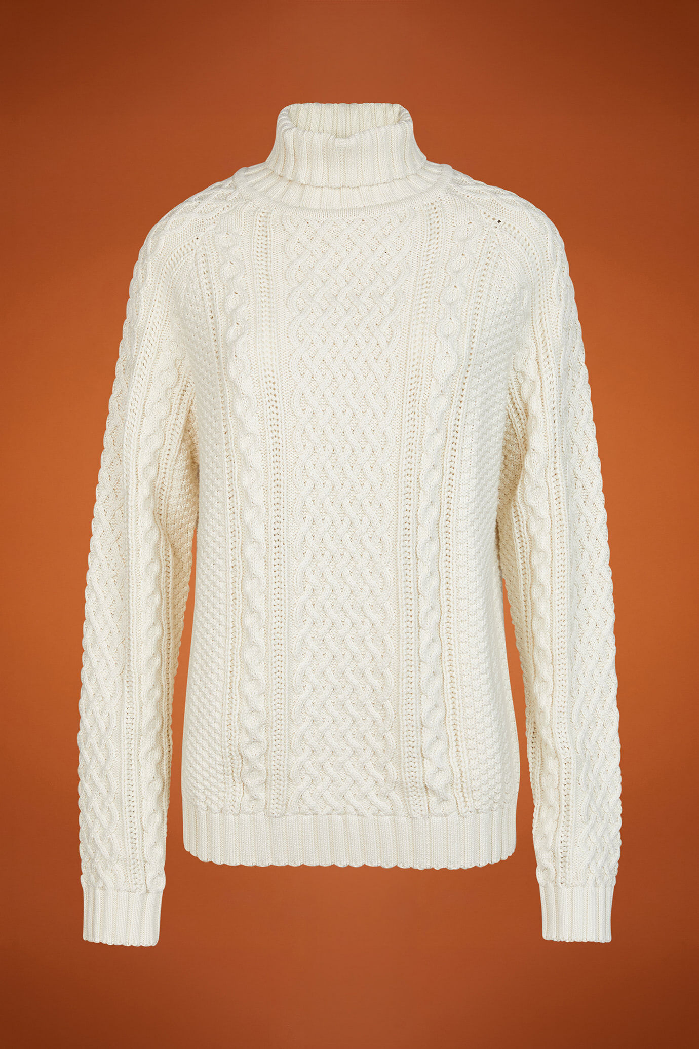 Hoch geschlossenre Damen-Pullover aus 100 % Baumwolle mit Zopfstrick und Norwegermuster image number 4