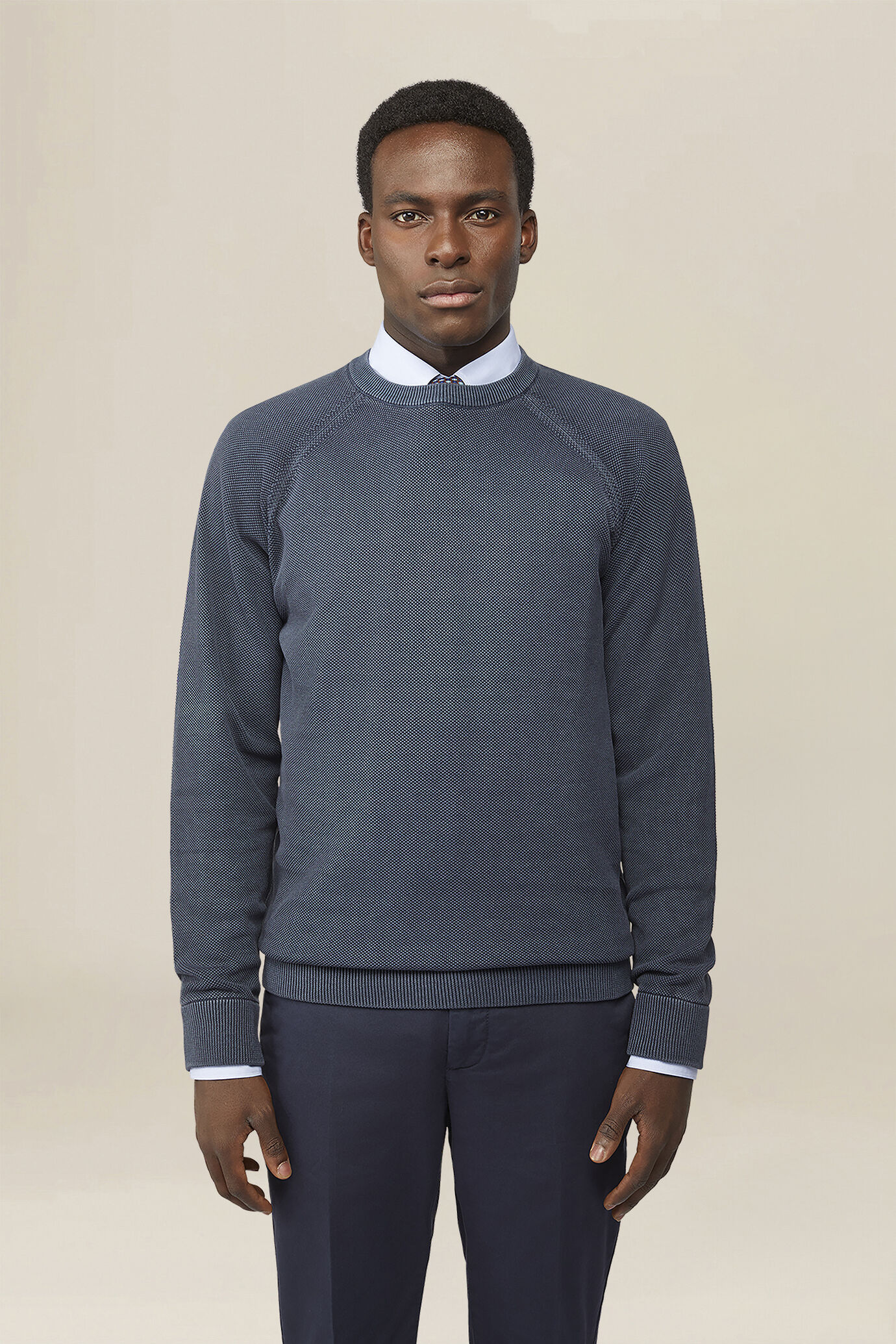 Men's 100% cotton crew neck jumper with raised weave image number 0