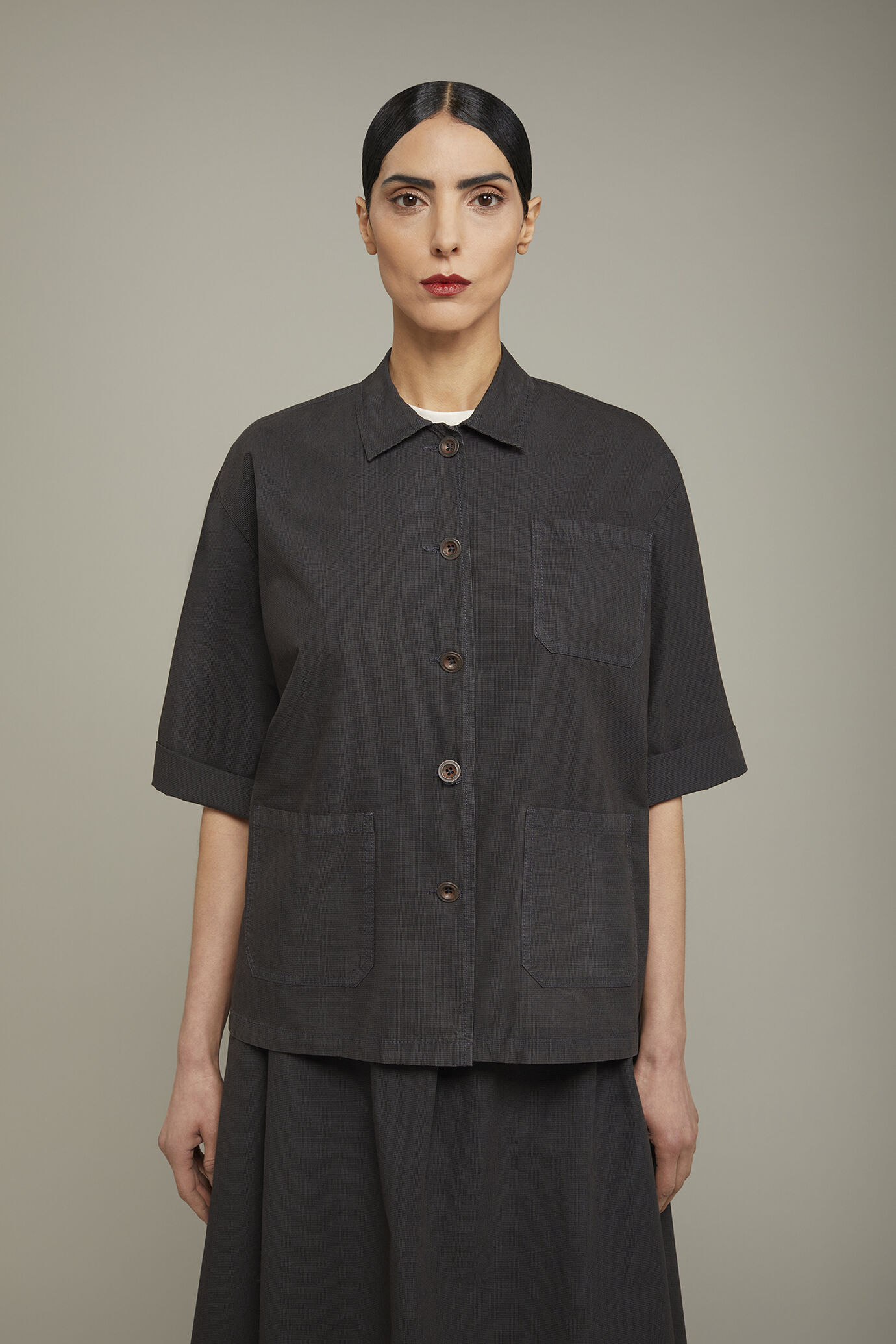 Veste femme à col chemise et motif à microcarreaux en 100 % coton coupe régulière image number 2