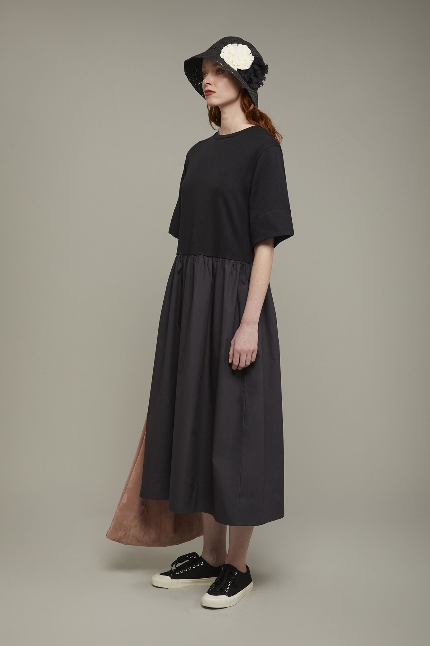 Zweifarbiges Midikleid für Damen aus 100 % Baumwolljersey in normaler Passform image number 1