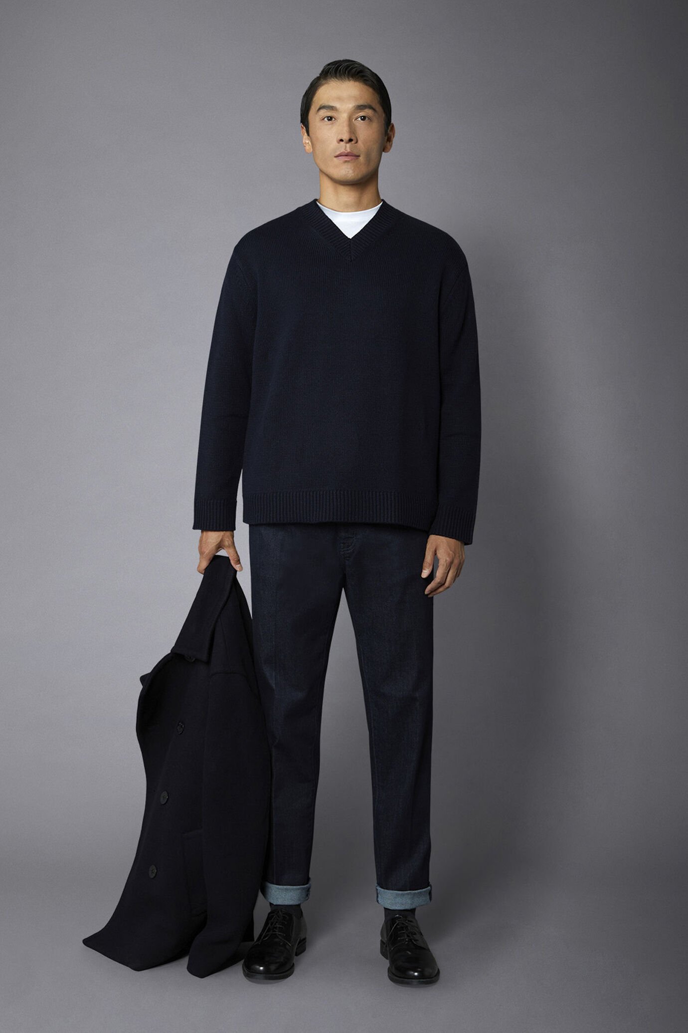 Pull &agrave; col en V en laine m&eacute;lang&eacute;e, coupe r&eacute;guli&egrave;re