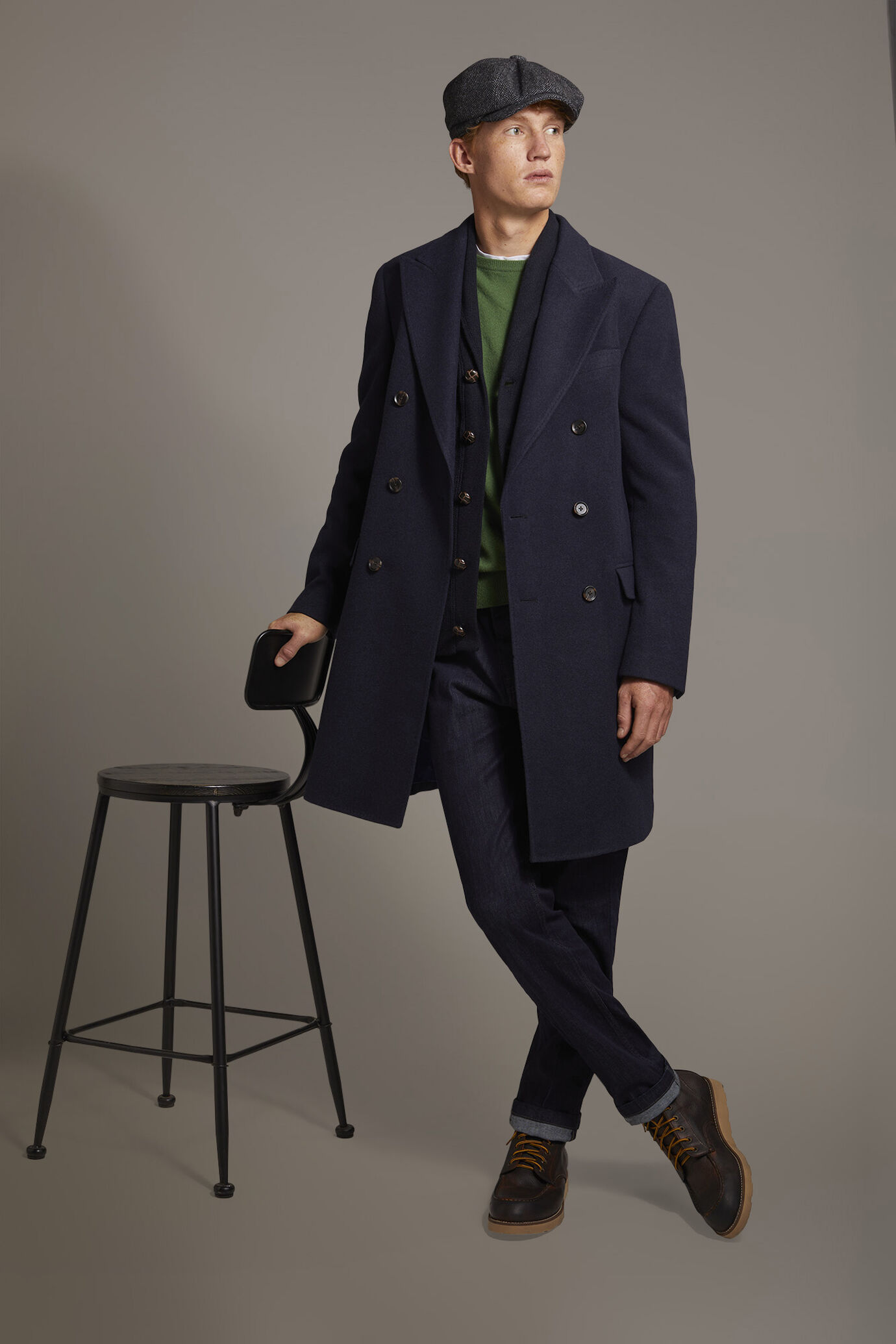 Classic double-breasted wool blend jersey coat