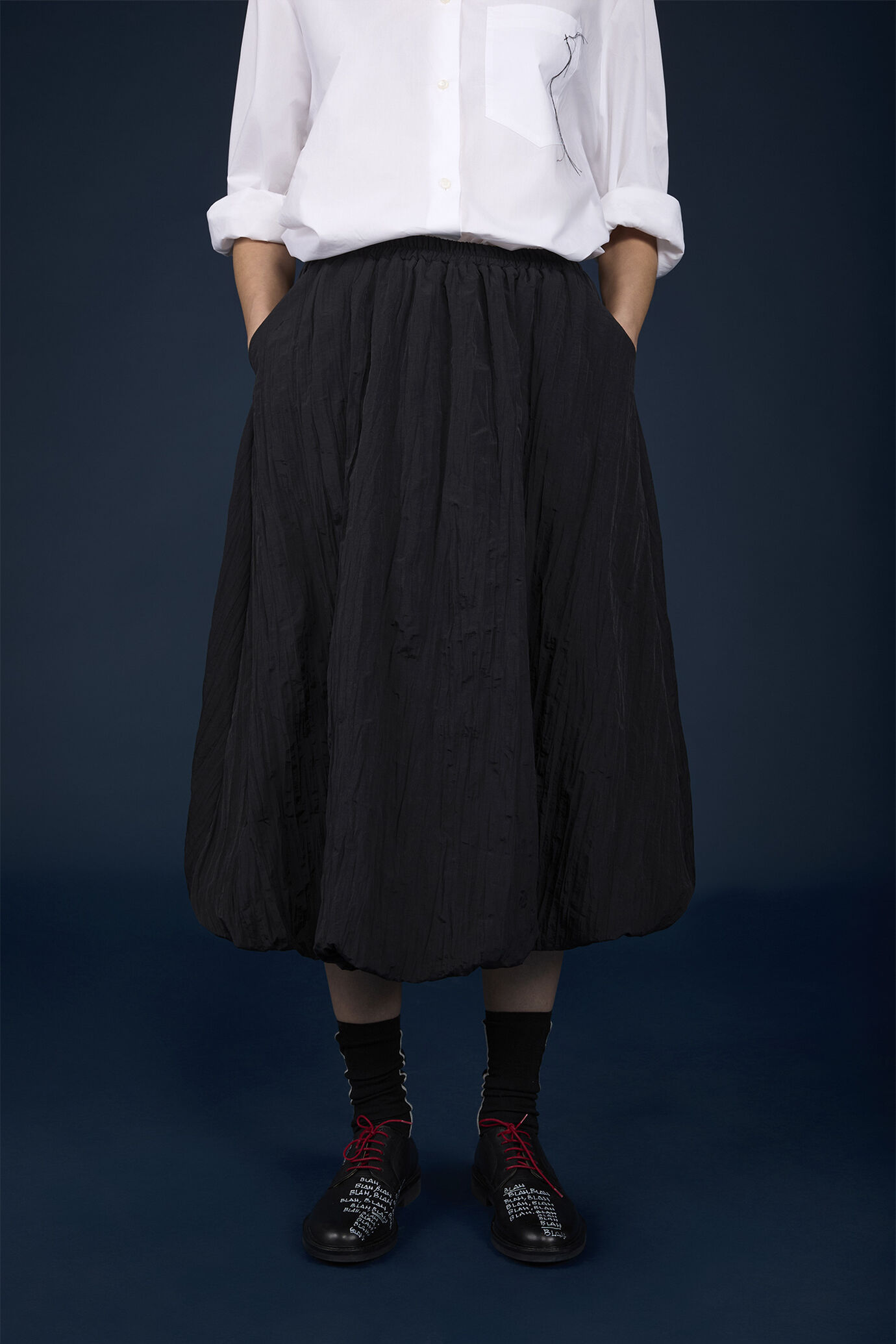 Midi skirt with remborsè workmanship in creased nylon with elastic waist image number 2