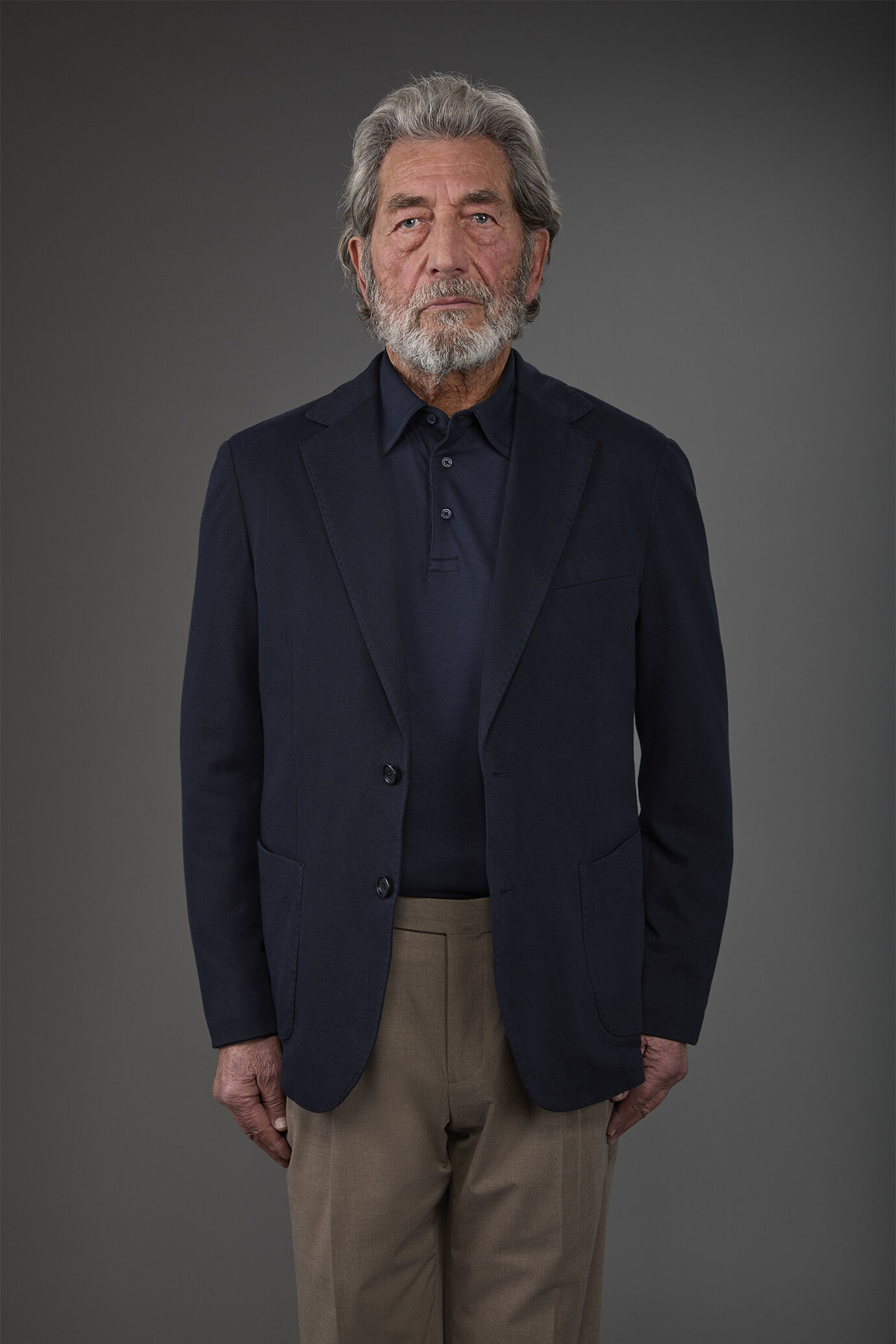 Men's unlined single-breasted jacket with classic lapels and patch pockets, jersey fabric image number 0