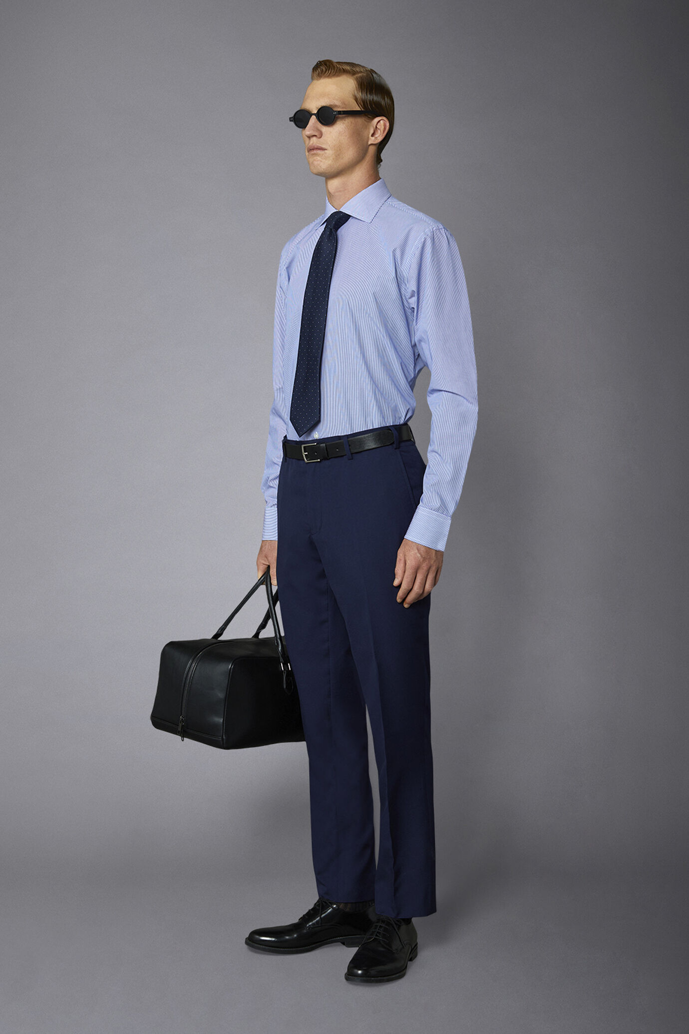 Men's classic slim fit French collar shirt with narrow stripe pattern image number 1