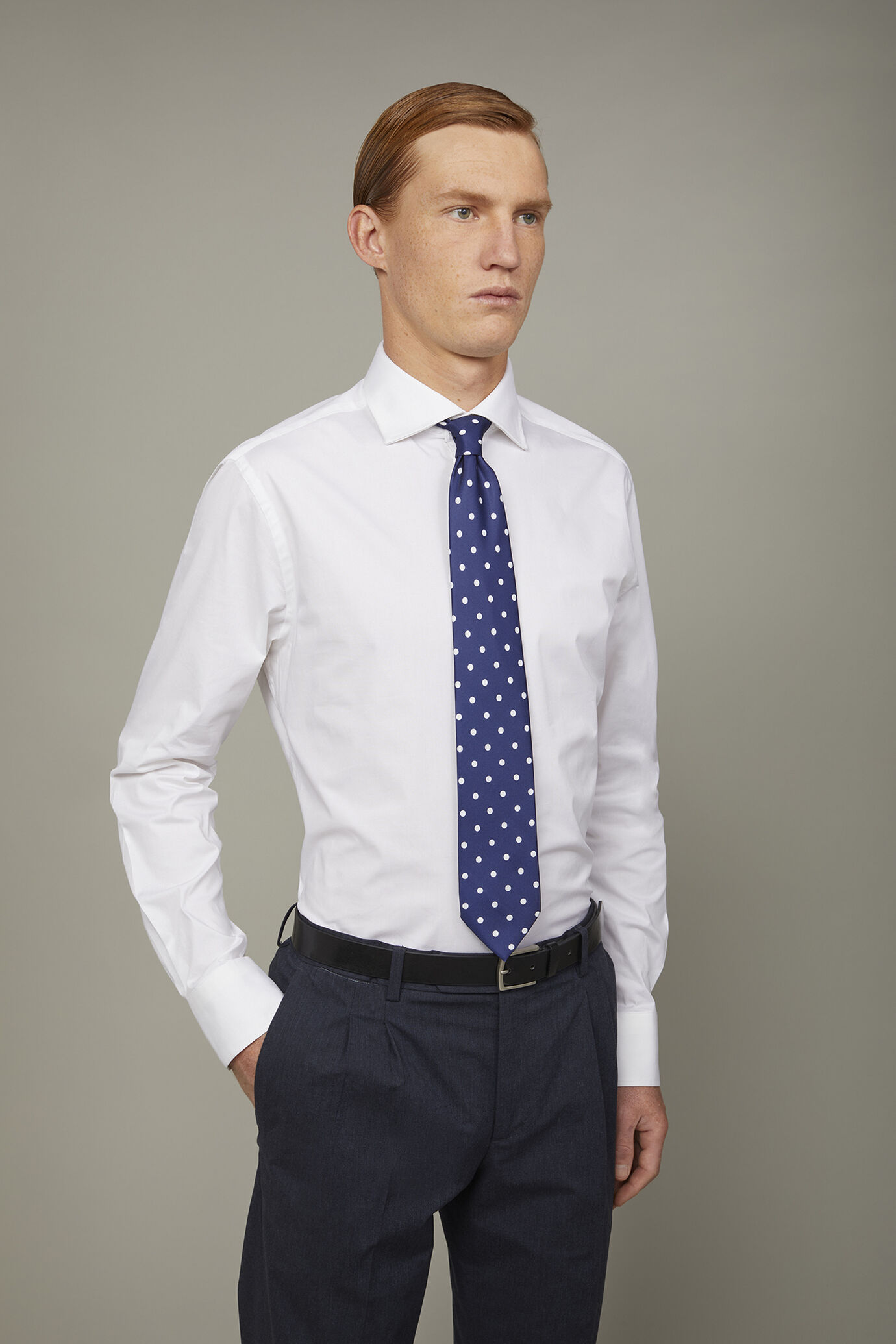 Men's French collar classic shirt stretch slub fabric image number 2