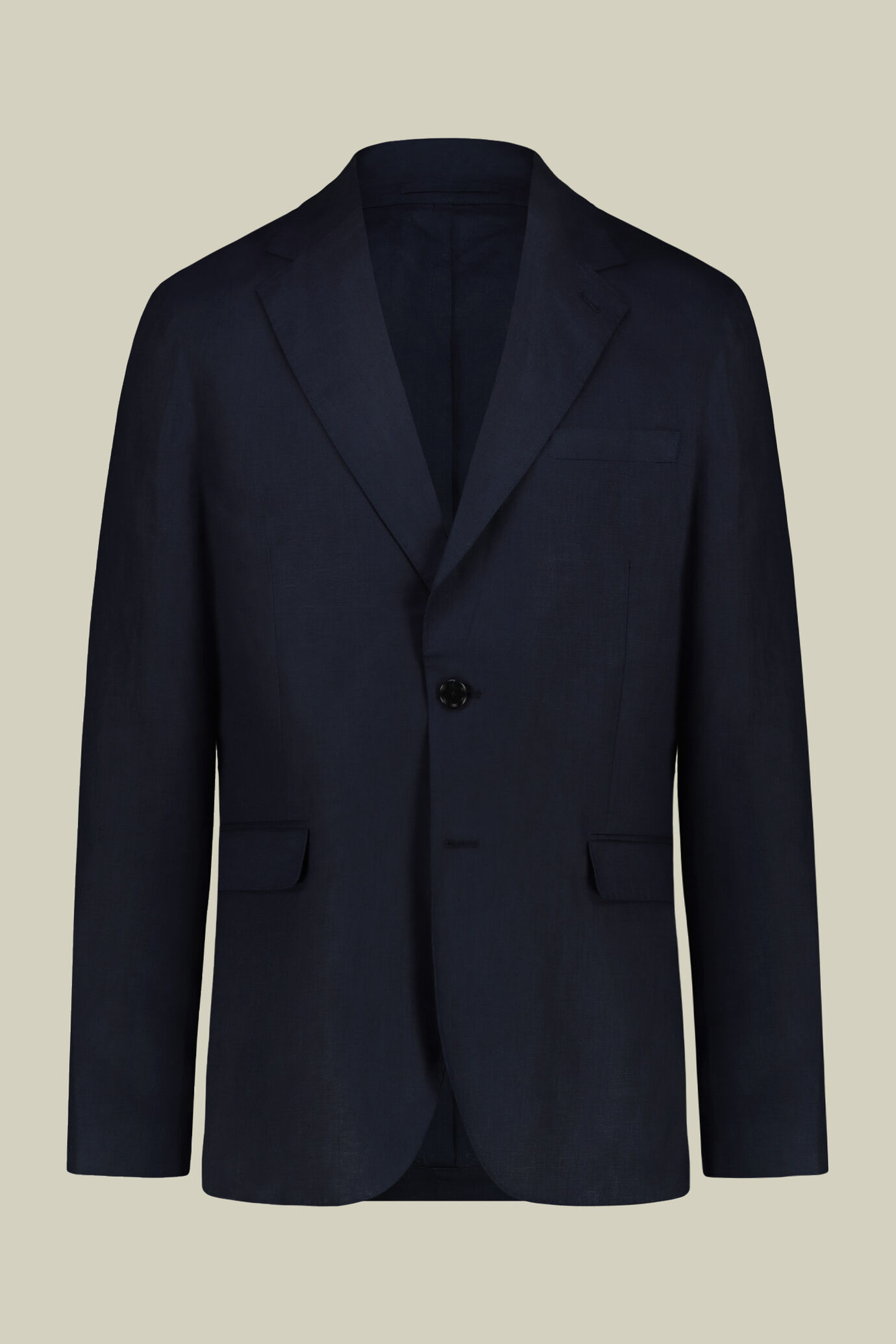 Single-breasted men's suit with flat front trousers, in 100% linen with a washed effect