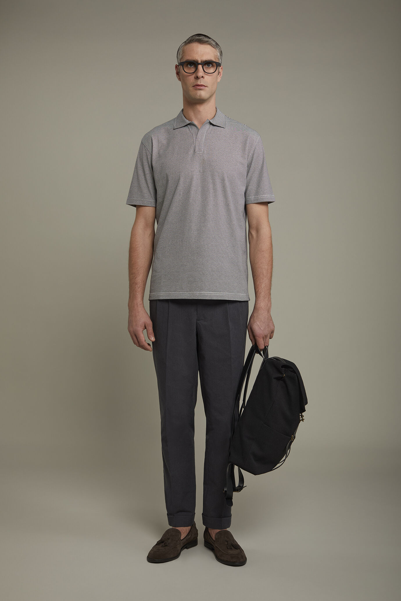 Polo homme &agrave; manches courtes et col derby sans boutons, tissu 100&nbsp;% coton &agrave; fines rayures coupe r&eacute;guli&egrave;re image number 0