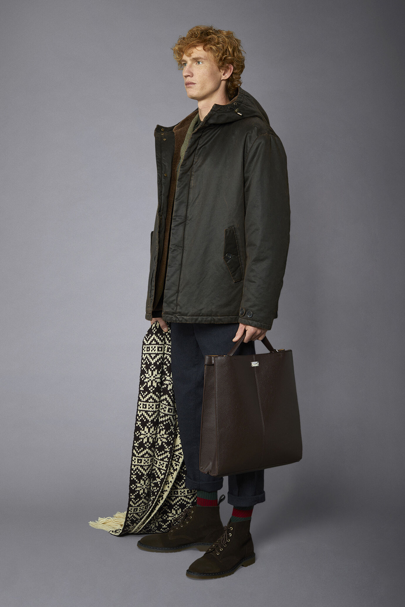 Men's wax-effect jacket in washed cotton with inner fur medium length comfort fit image number 1