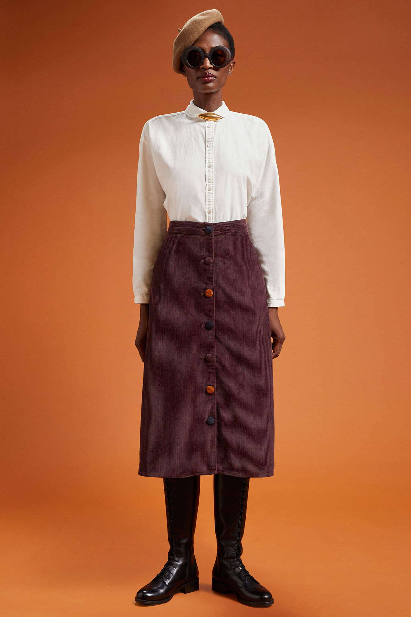 Women's regular fit midi skirt in plain corduroy image number 0