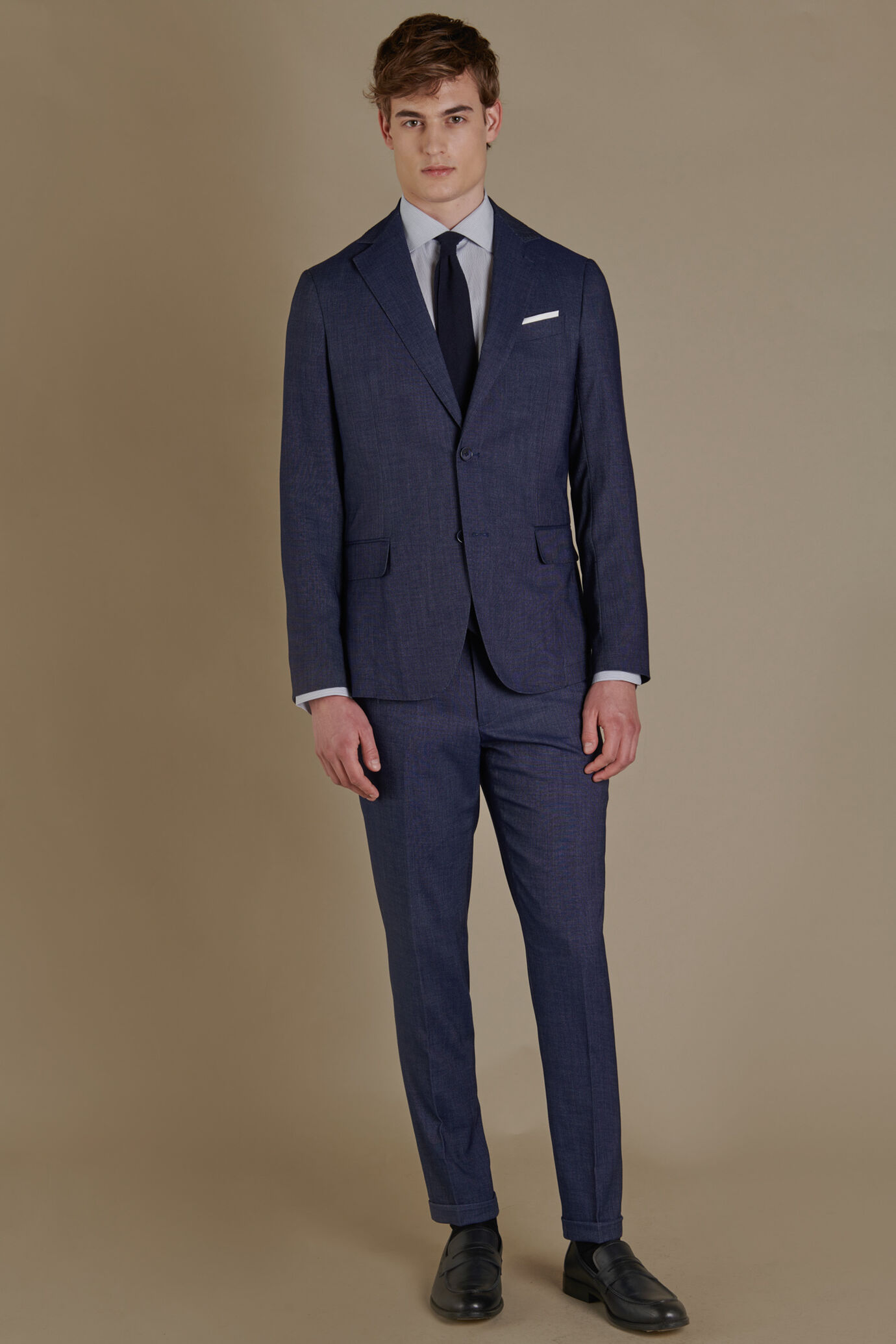 Single-breasted chambray effect suit and trousers with turn up image number 0