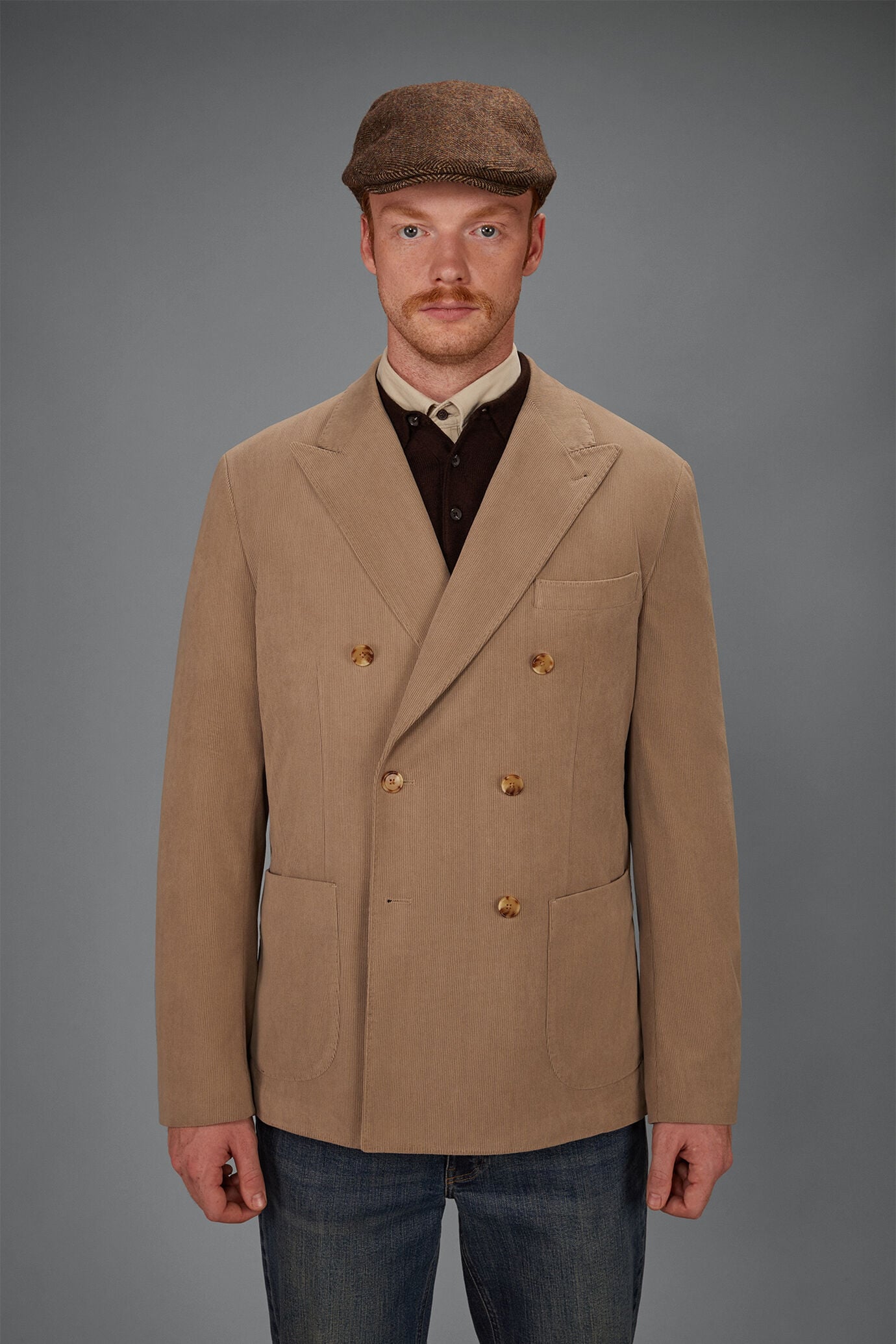Ungef&uuml;ttertes Herren-Zweireihig-Sakko aus Stoff mit Samtoptik in Regular-Fit image number 1