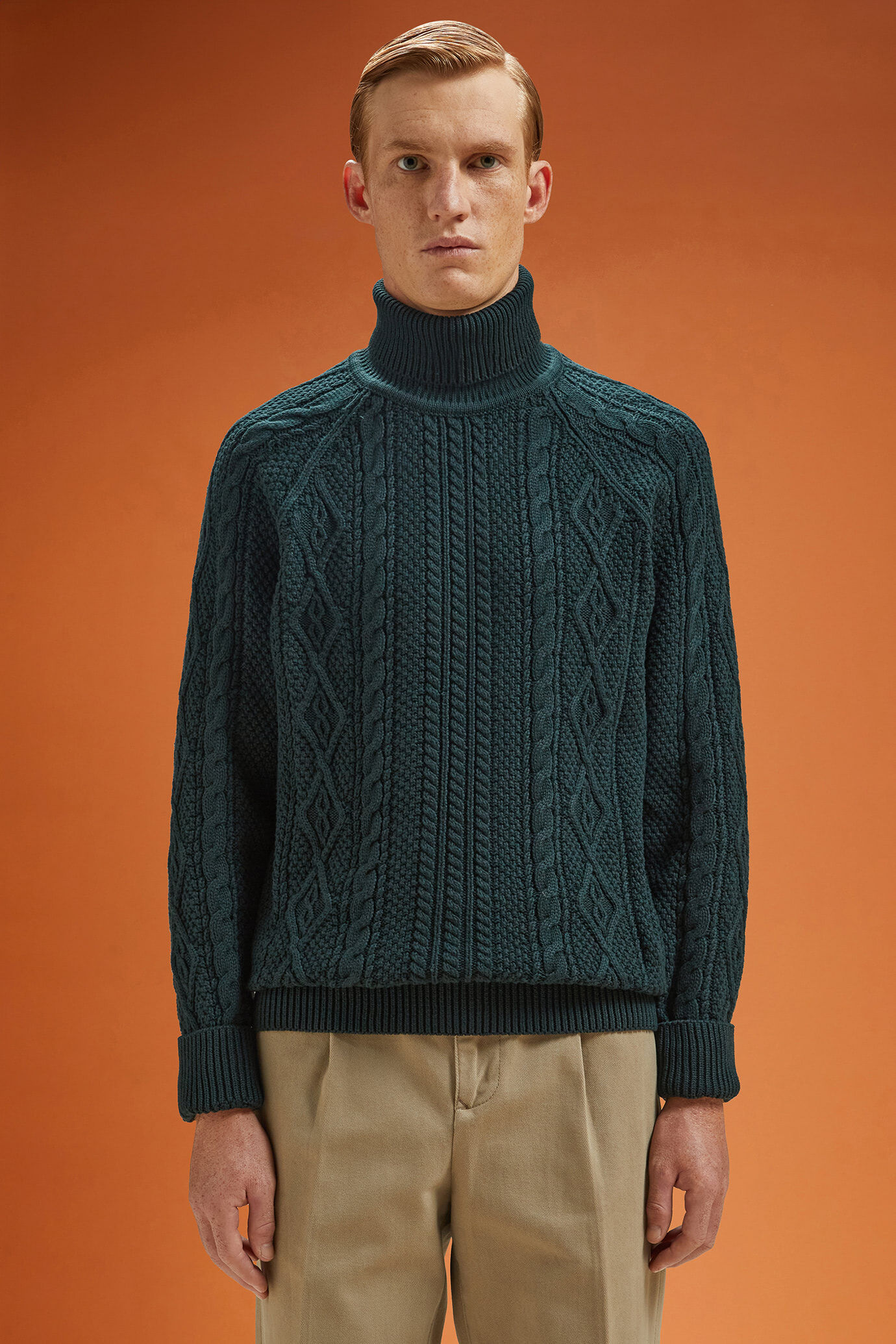 Herren-Pullover mit hohem Ausschnitt aus 100 % Baumwolle mit Zopfstrick in normaler Passform image number 0