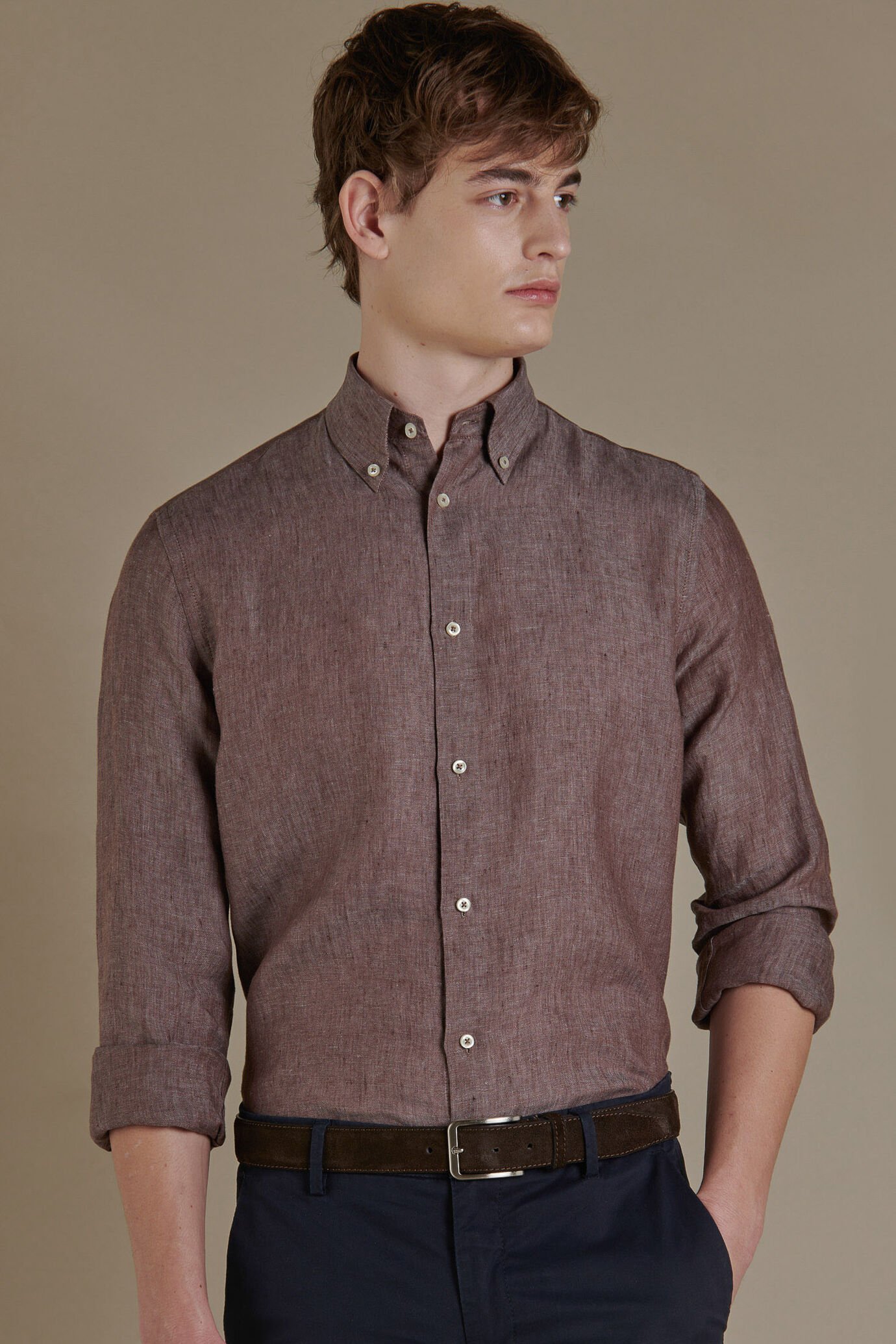 100% linen button down collar casual shirt image number 1