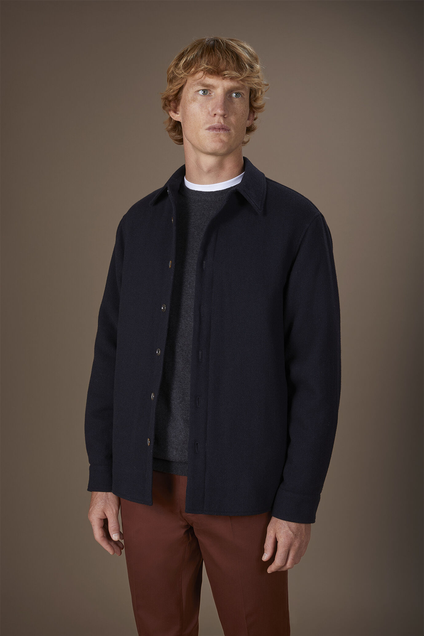 Men's regular fit overshirt in herringbone wool blend fabric image number 1