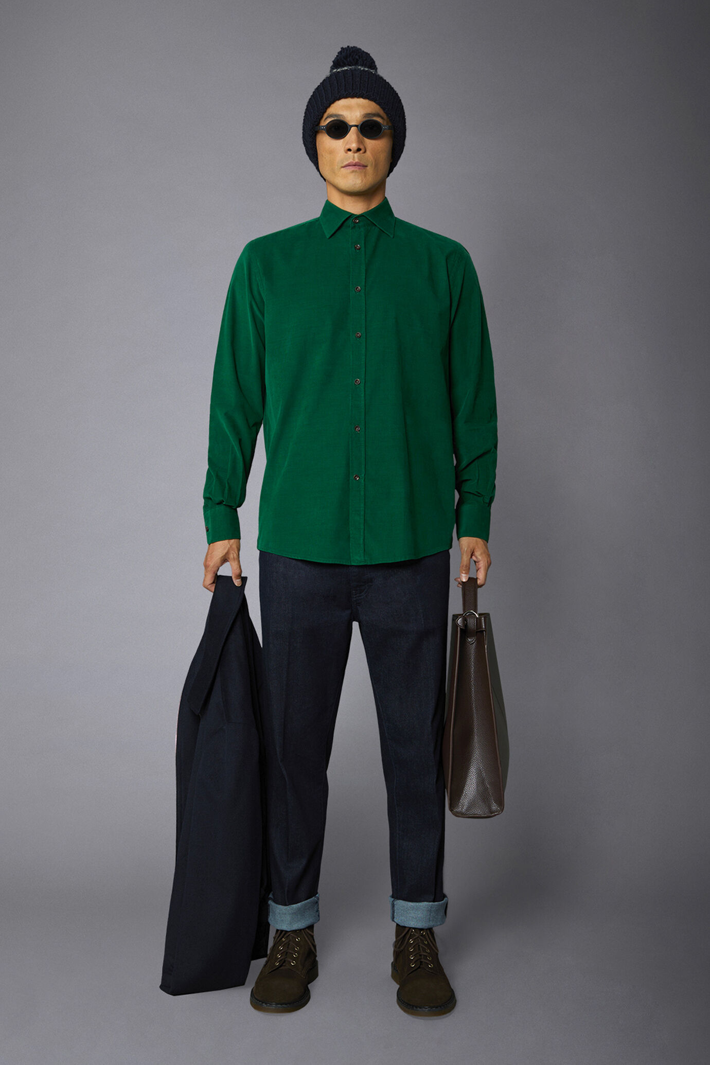 Camicia casual uomo collo francese comfort fit tessuto in velluto 1000 righe