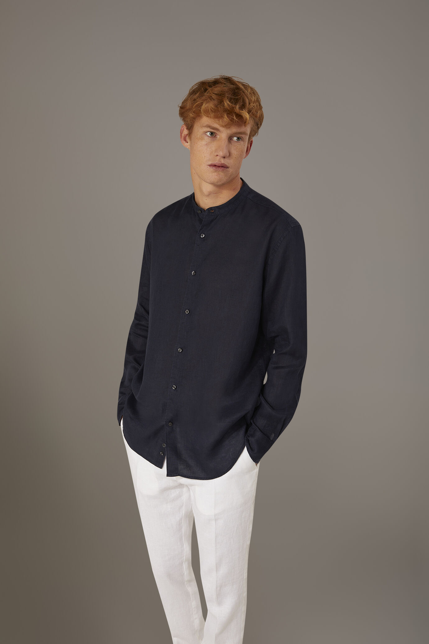 Chemise décontracté col à la coréenne fit confortable 100% lin image number 0