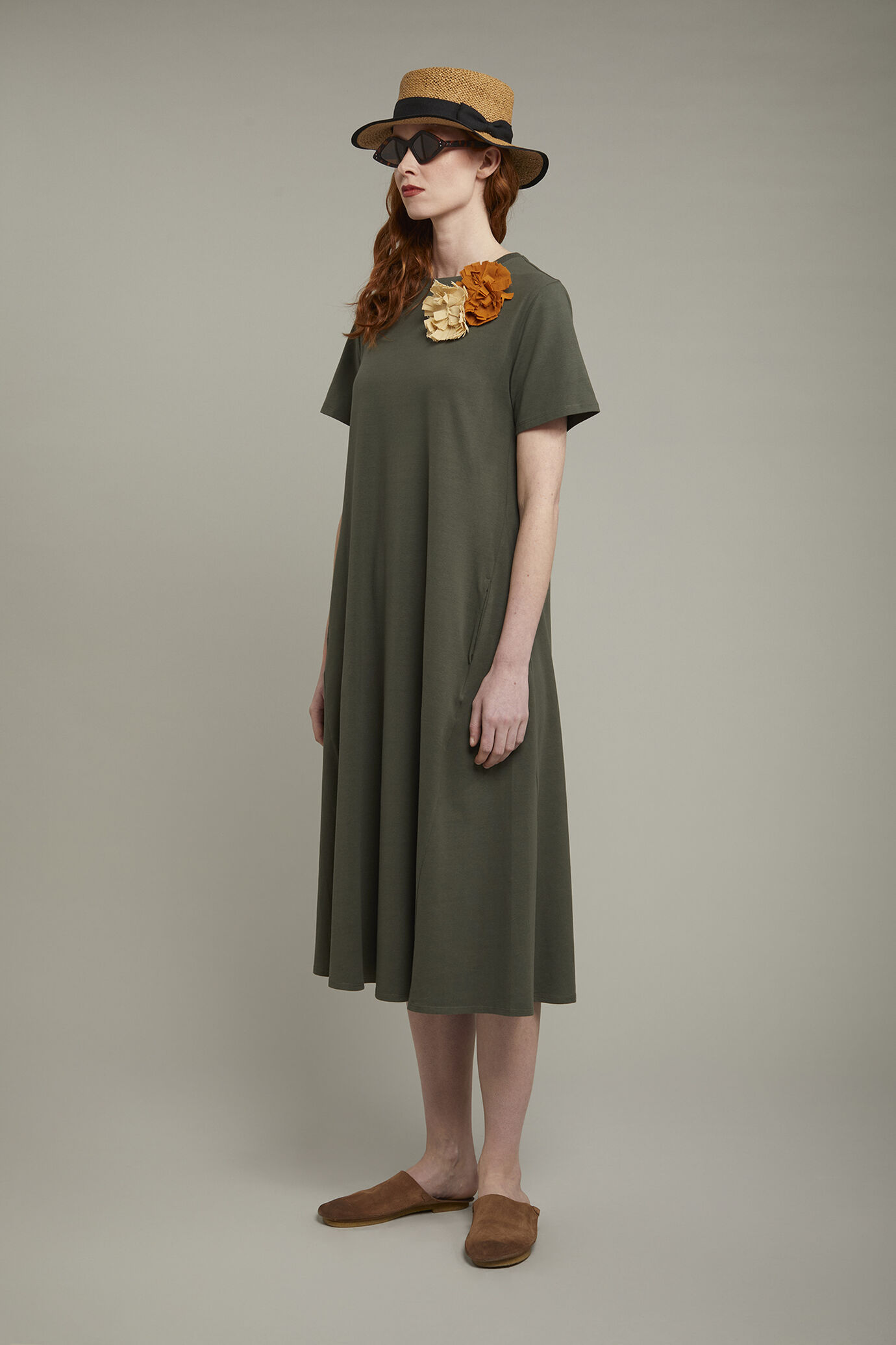 Robe midi femme à col rond et manches courtes en jersey de coton stretch coupe régulière image number 1