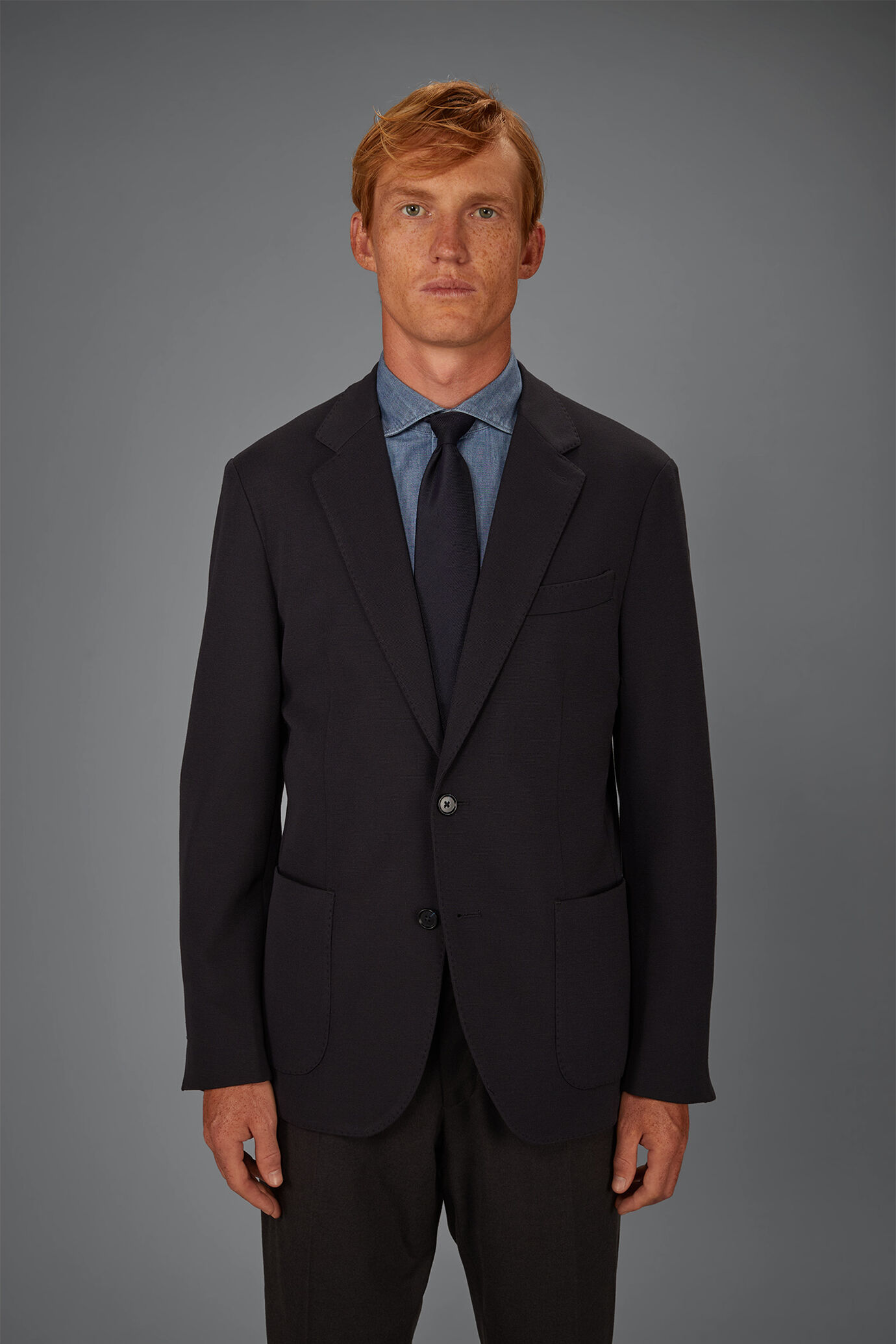 Men&rsquo;s unlined single-breasted jacket in dobby-weave jersey with a regular fit image number 1