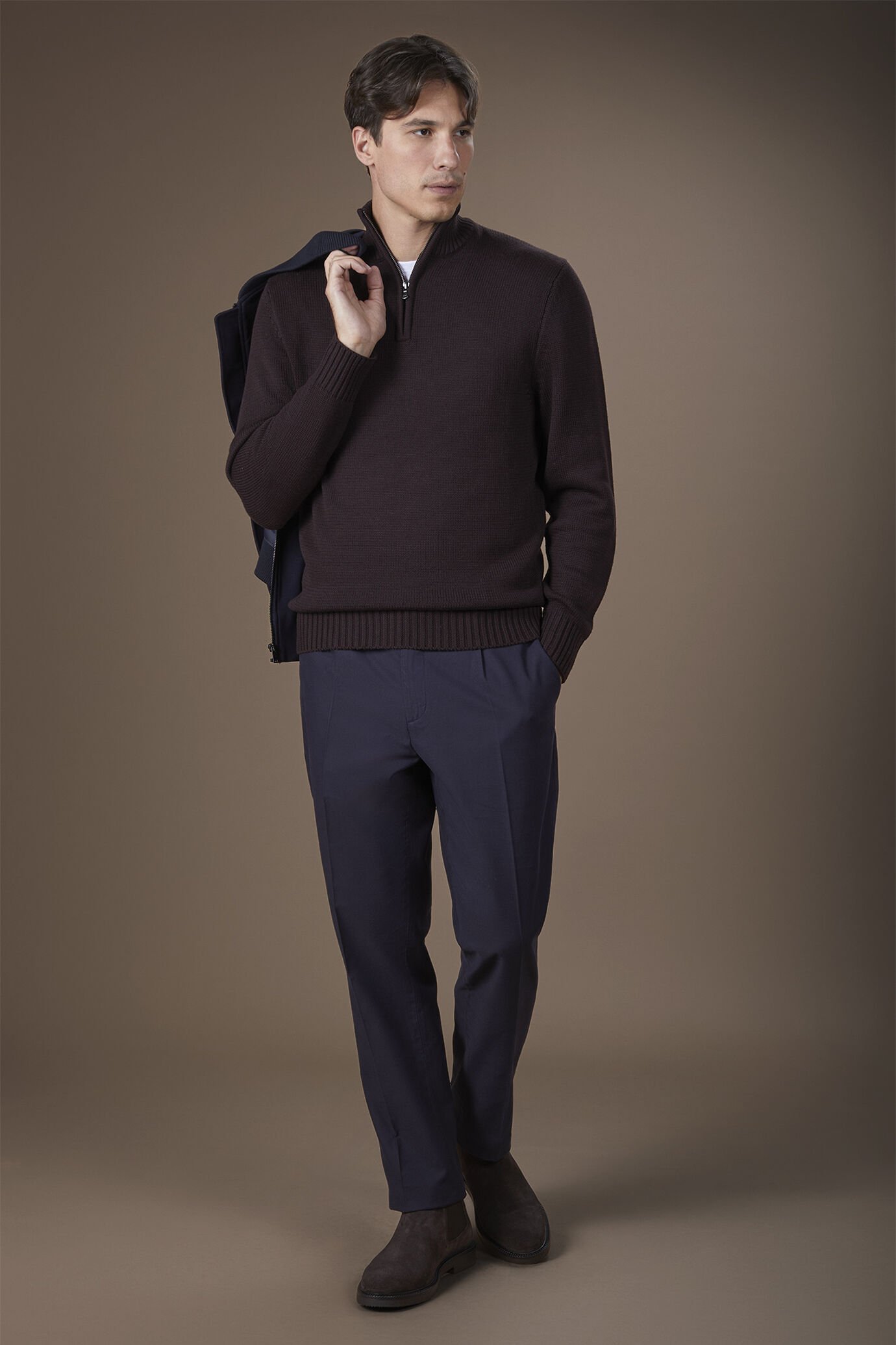 Men's high neck zip sweater in English rib regular fit image number 1