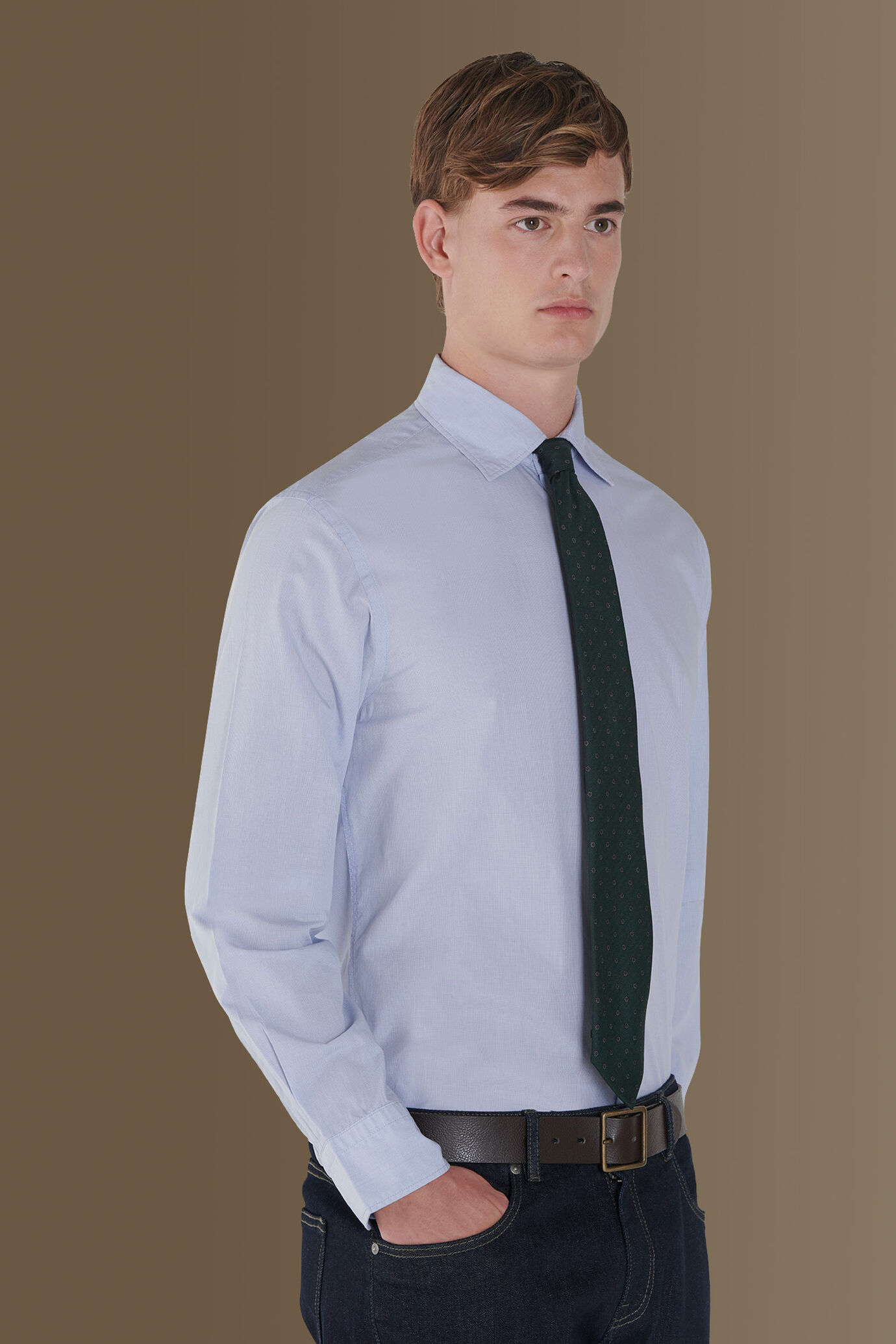 Camicia classica lavata 100% cotone collo francese tinto filo popeline microquadretti uomo image number 0