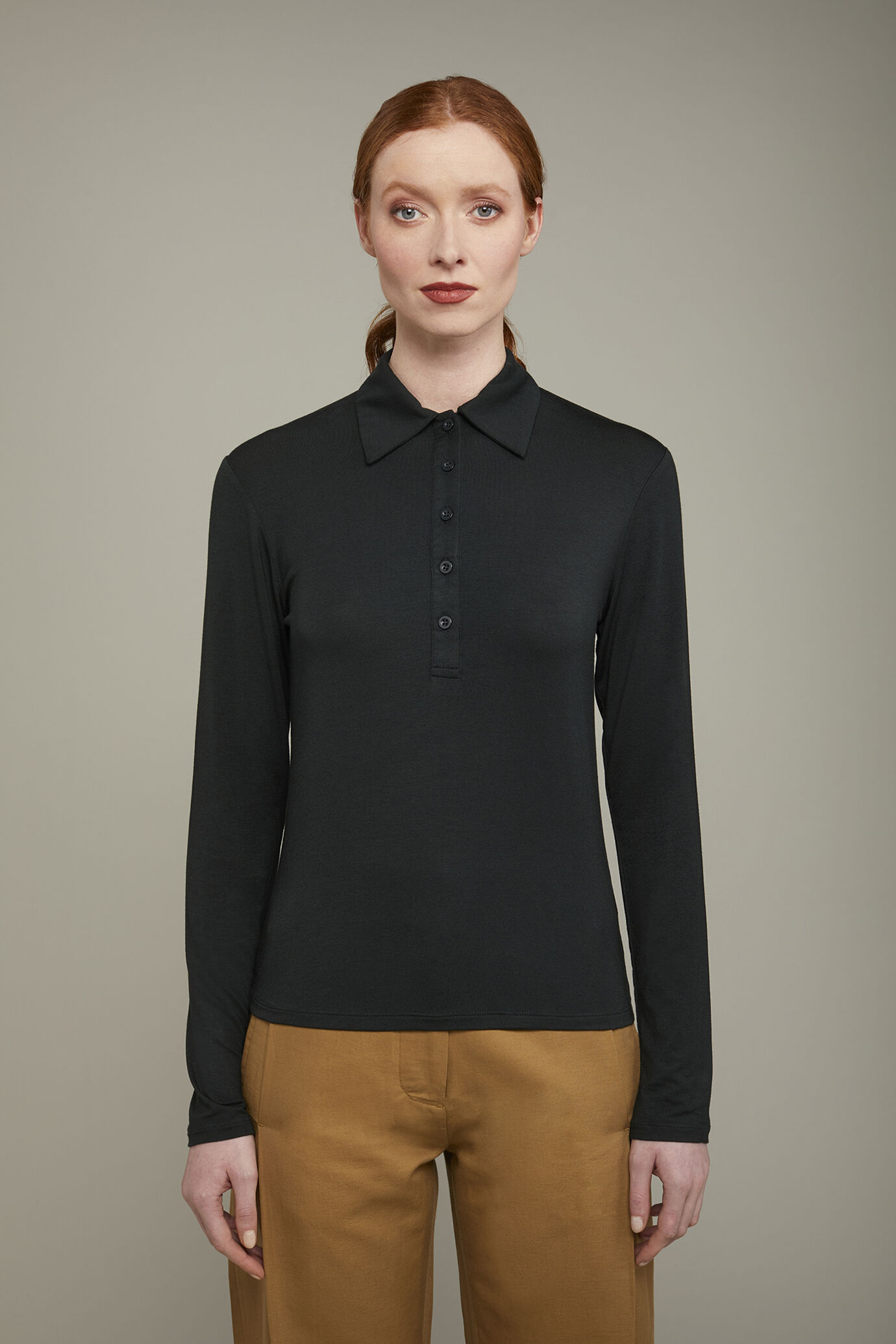 Polo donna manica lunga in jersey di cotone tinta unita image number 2