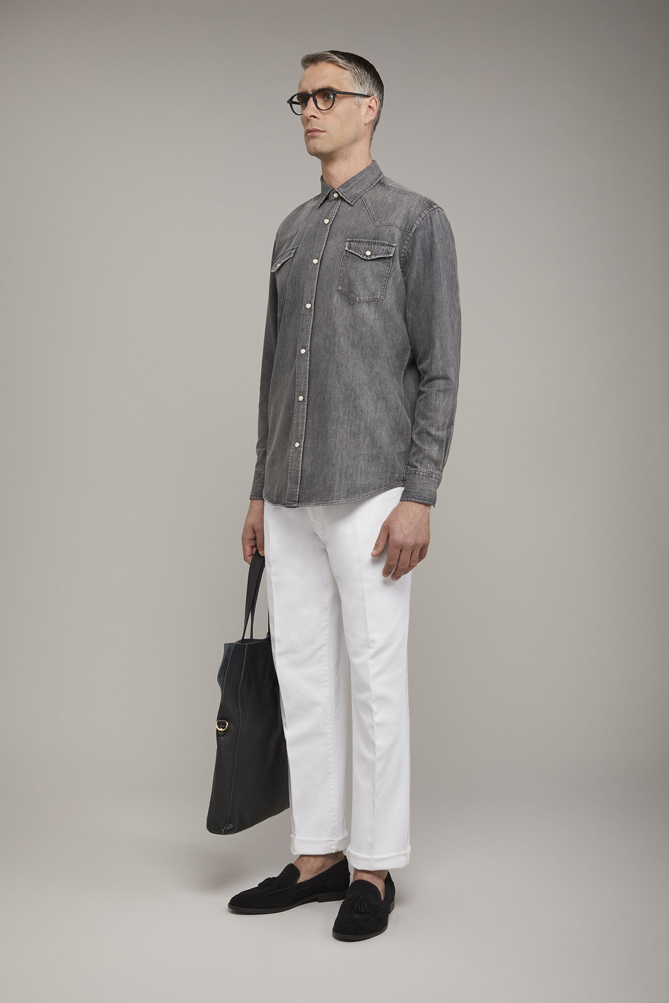 Camicia casual uomo collo classico 100% cotone tessuto denim comfort fit image number 1