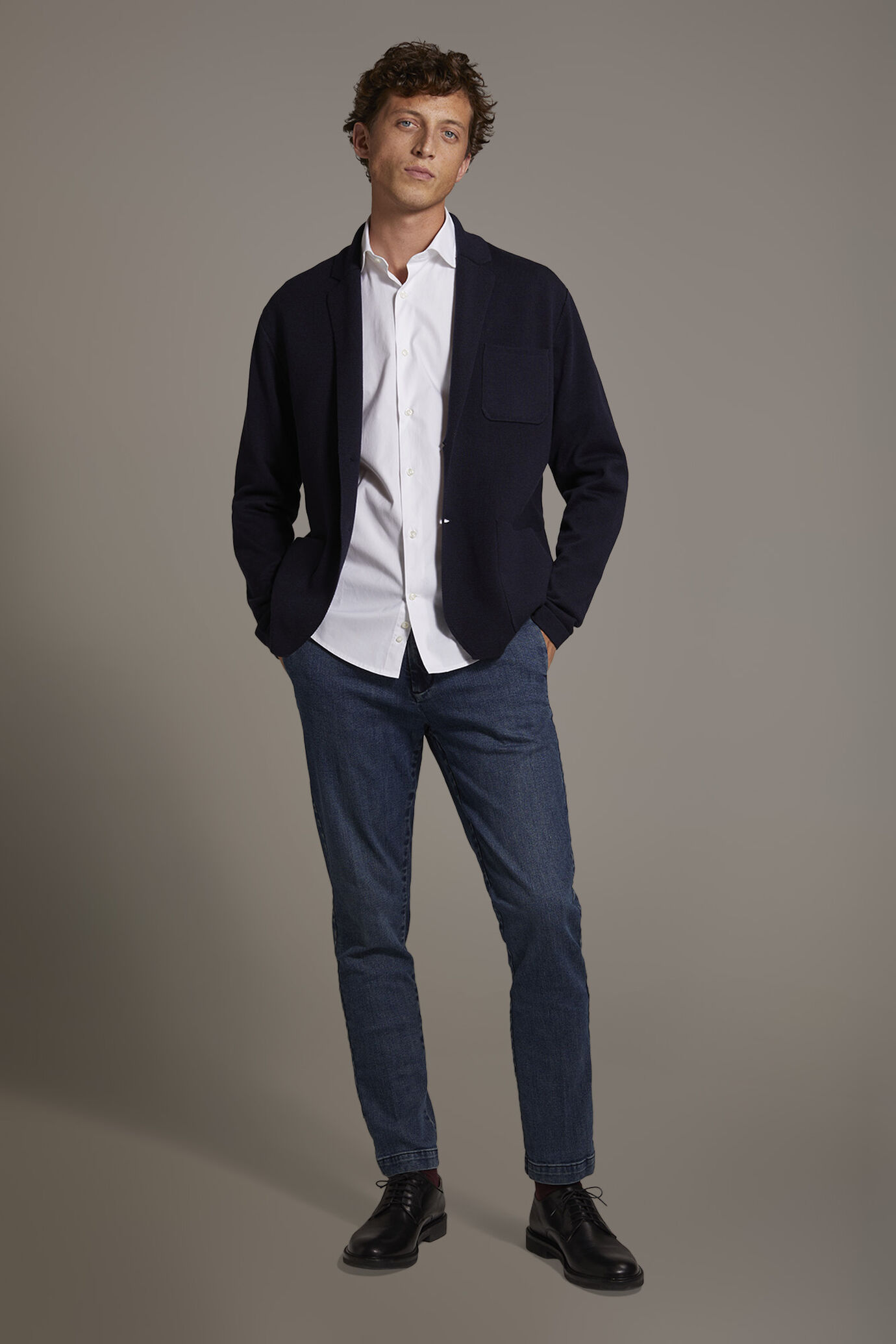 Regular fit denim chino trousers in denim fabric image number 1