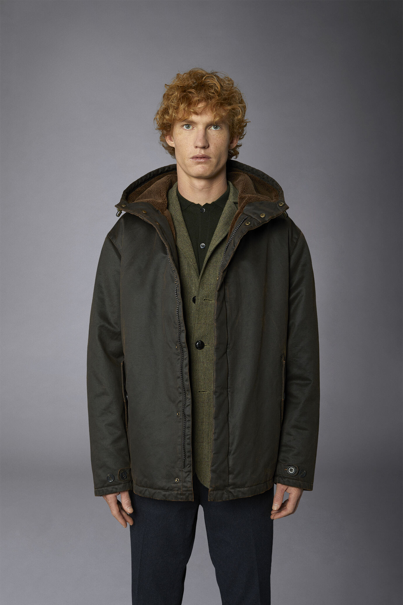 Men's wax-effect jacket in washed cotton with inner fur medium length comfort fit image number 2