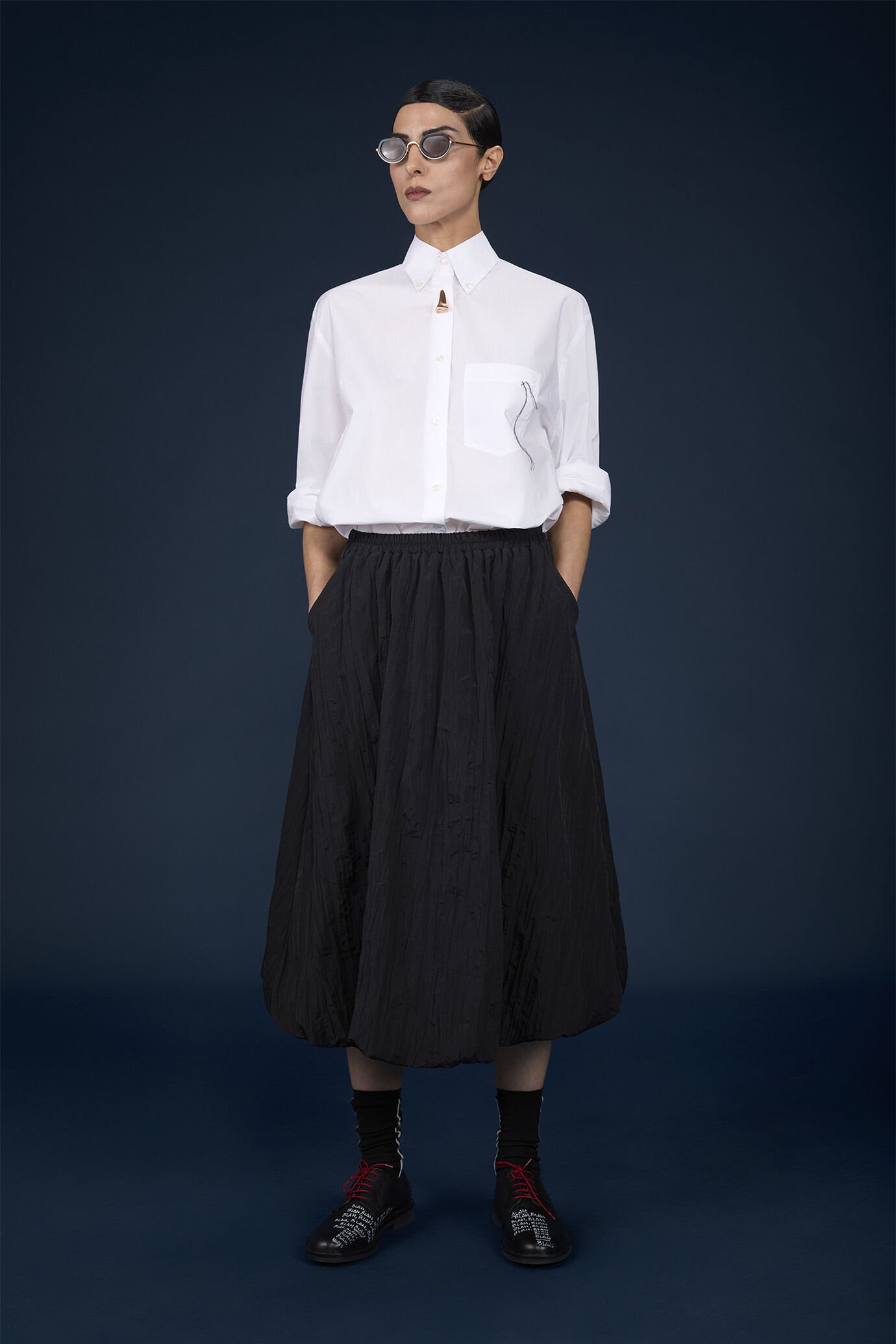 Midi skirt with remborsè workmanship in creased nylon with elastic waist image number 1
