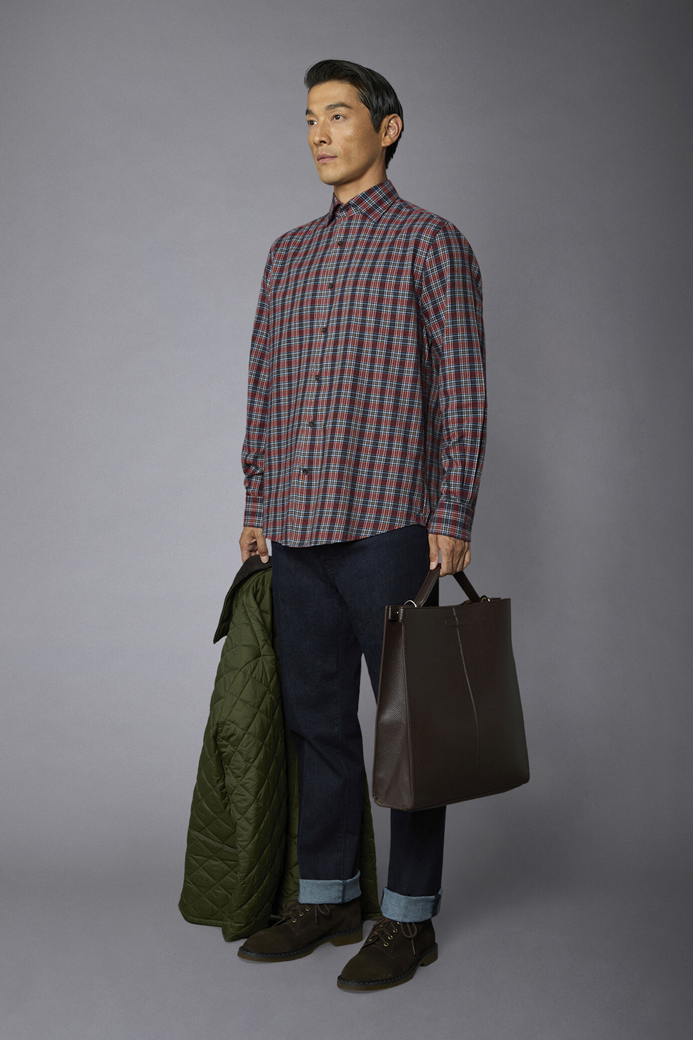 Camicia casual uomo collo francese comfort fit tessuto in flanella fantasia a quadri image number 1