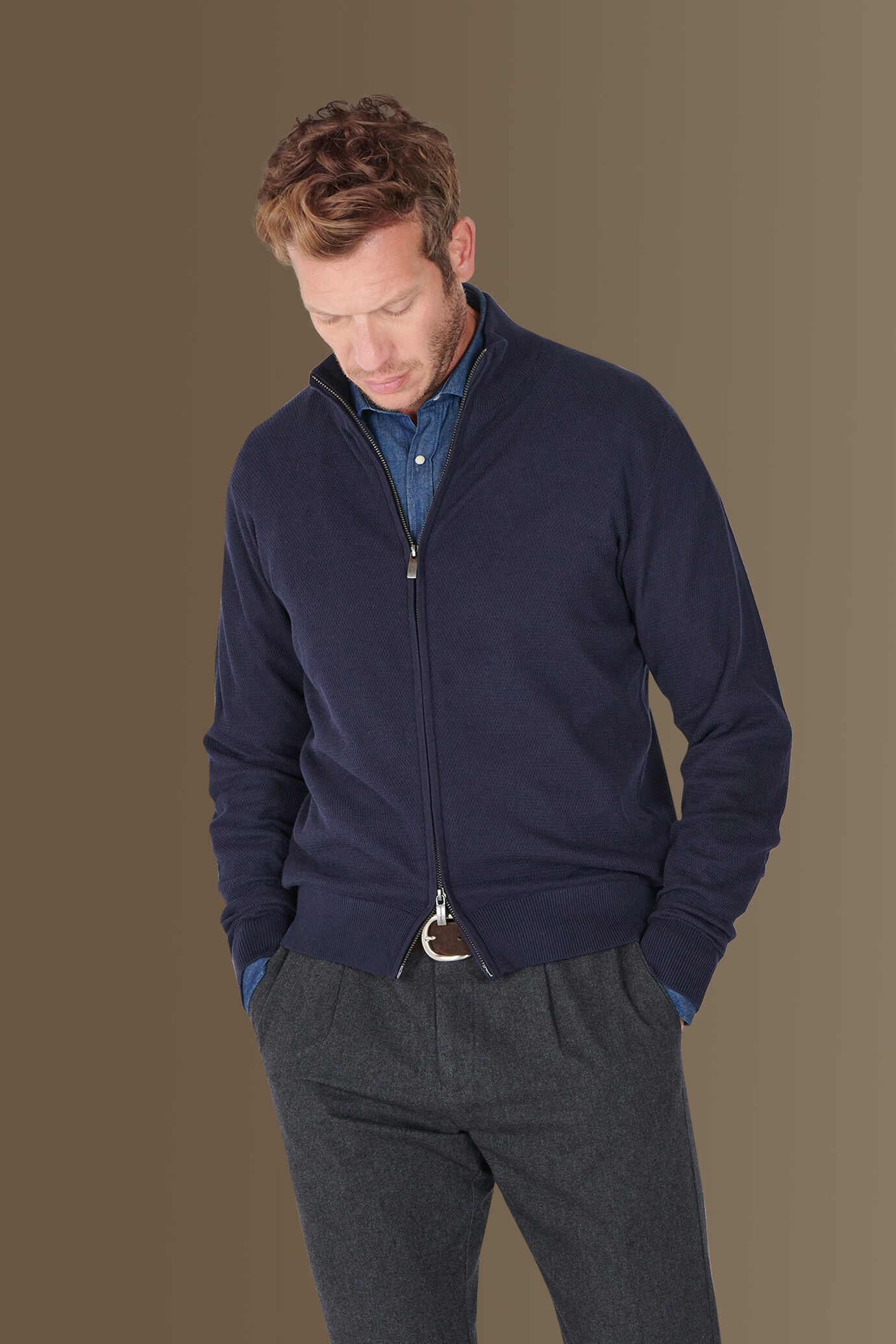 Cardigan with high collar seed stitch knitting image number 0