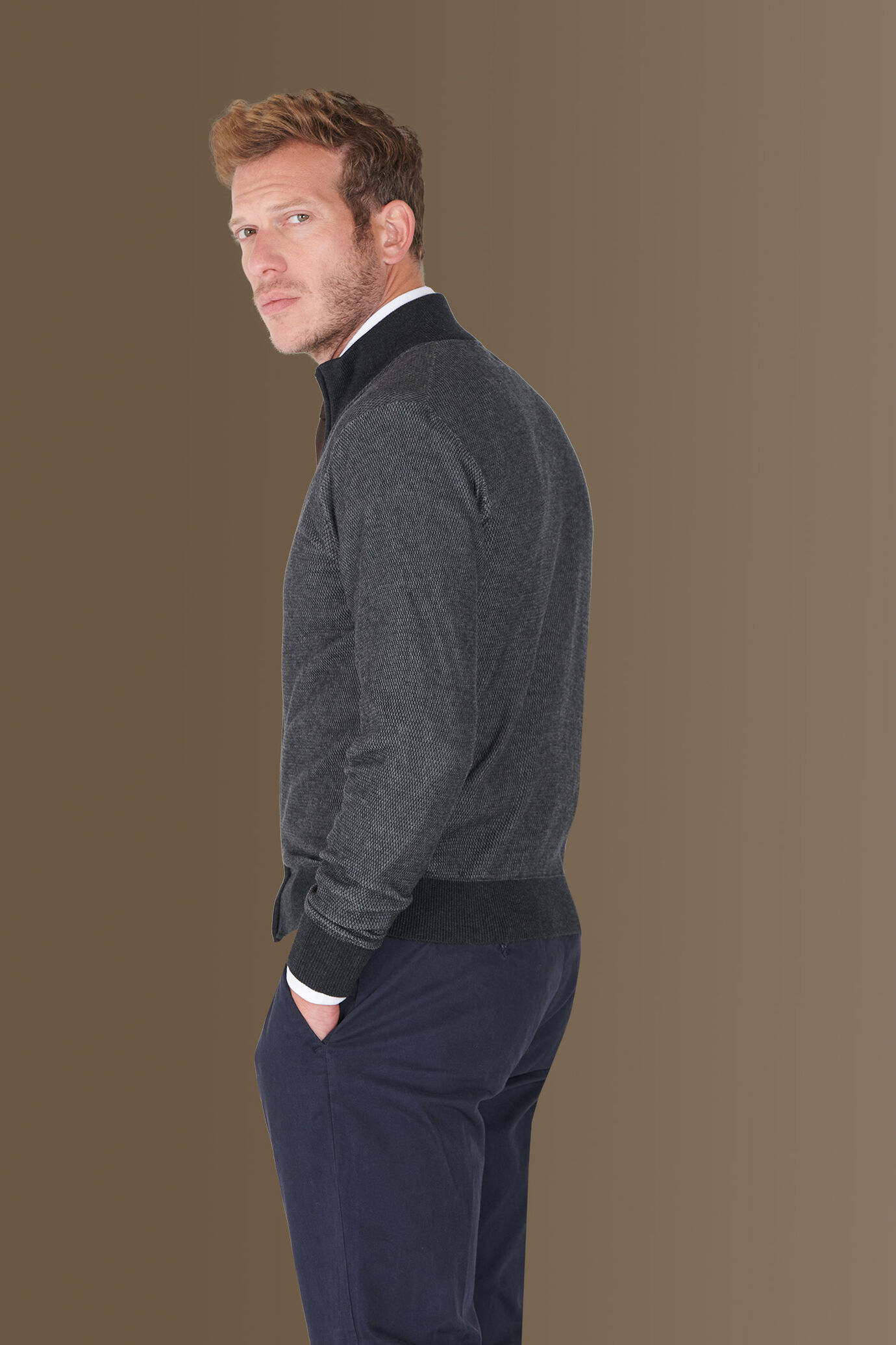 Cardigan with high collar seed stitch knitting image number 1