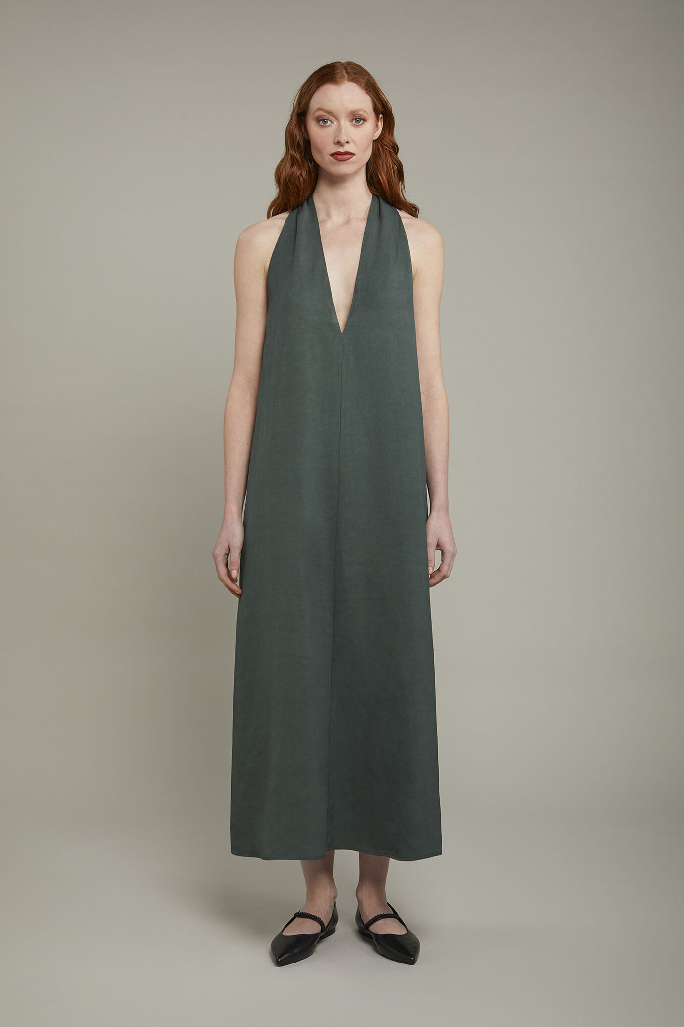 Abito midi donna con scollo a v misto lino image number 2